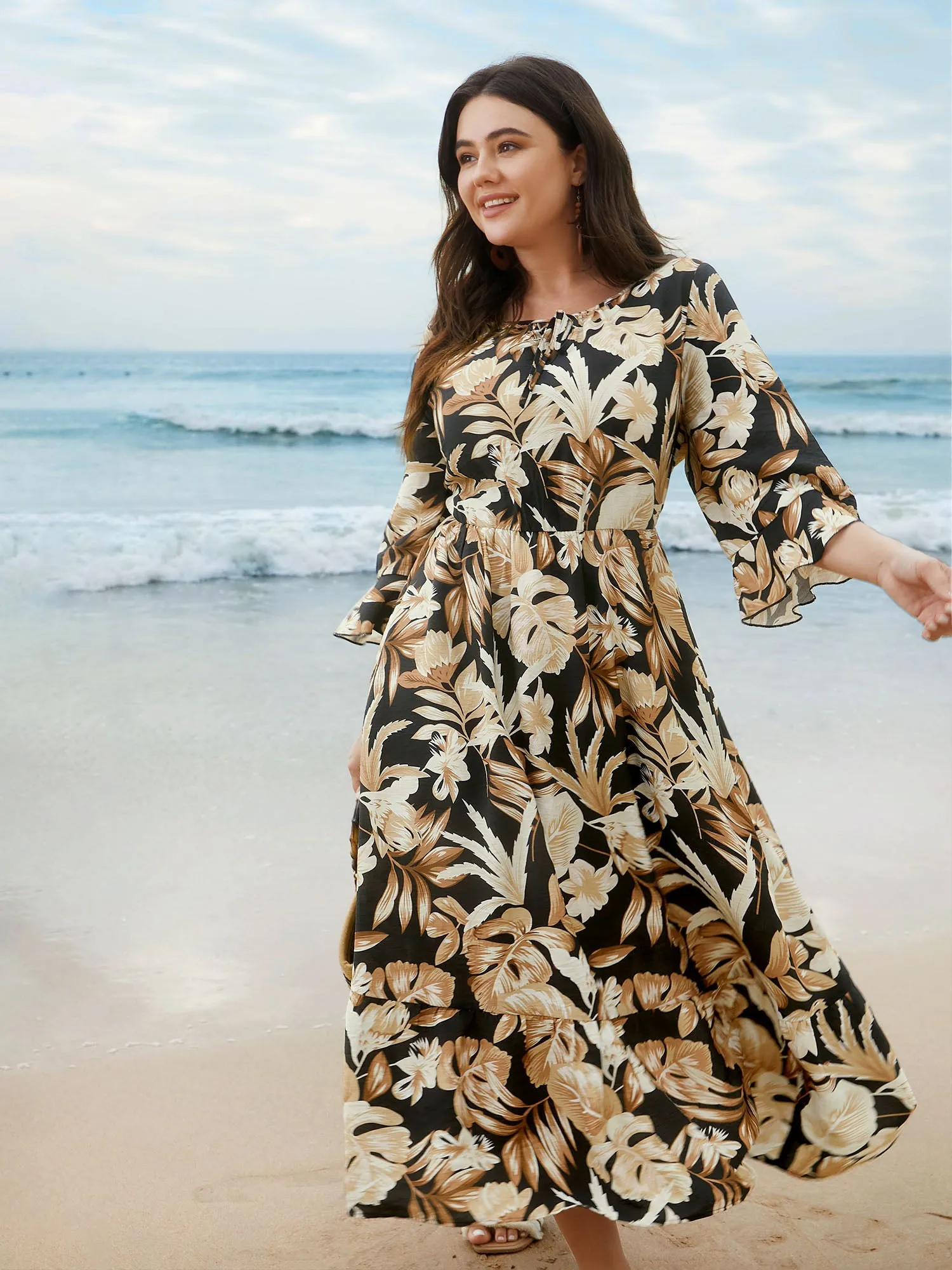 Tropical Leaf Print Neck-Tie Tiered Midi Dress sold by Bloomchic