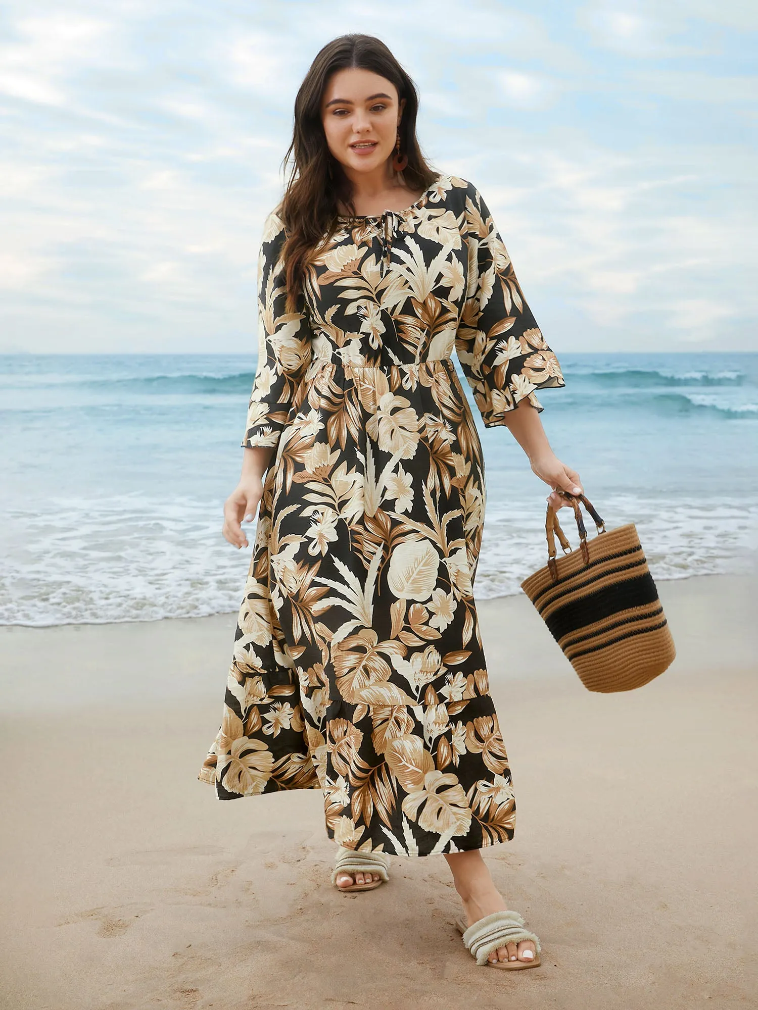 Tropical Leaf Print Neck-Tie Tiered Midi Dress sold by Bloomchic product image thumbnail 3