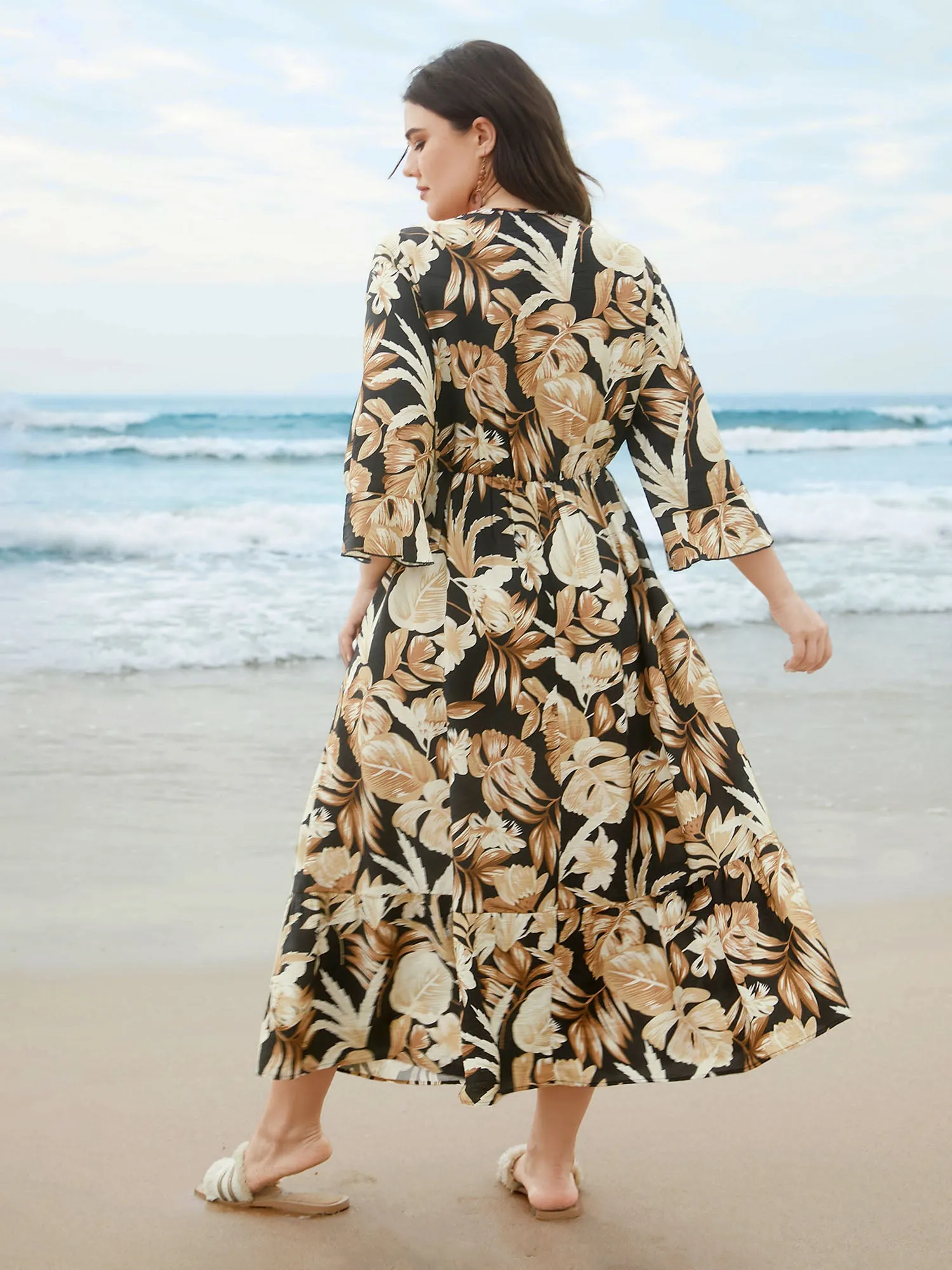 Tropical Leaf Print Neck-Tie Tiered Midi Dress sold by Bloomchic product image thumbnail 5