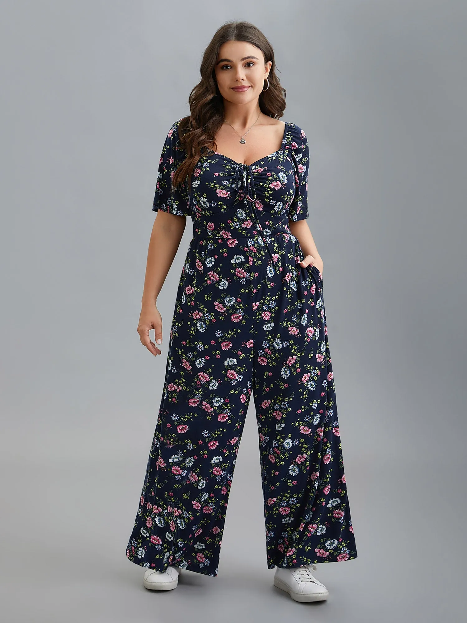 Supersoft Floral Neck Drawstring Flared Jumpsuit sold by Bloomchic product image thumbnail 3