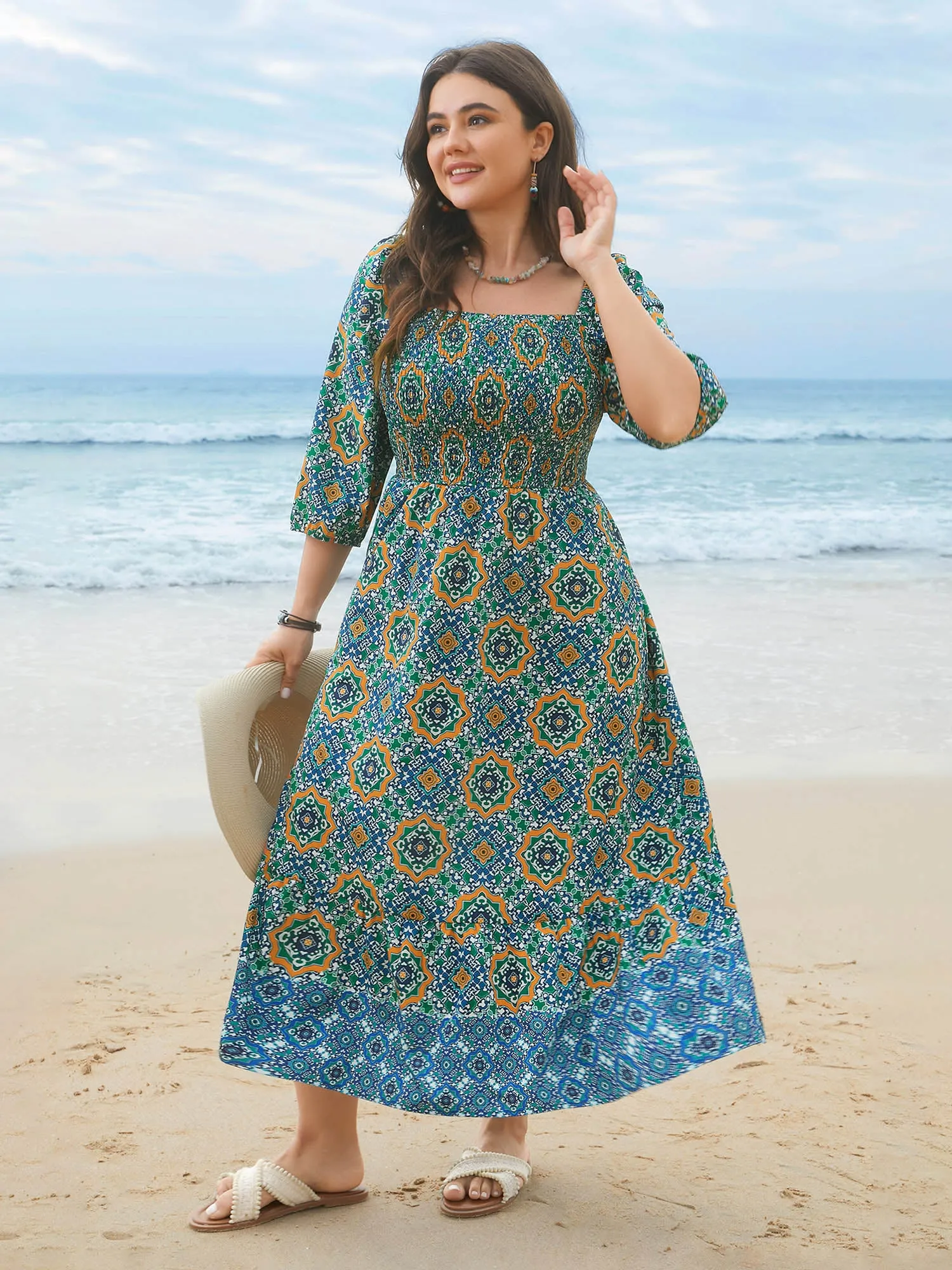Ornate Print Shirred Stretchy Waist Midi Dress sold by Bloomchic product image thumbnail 3
