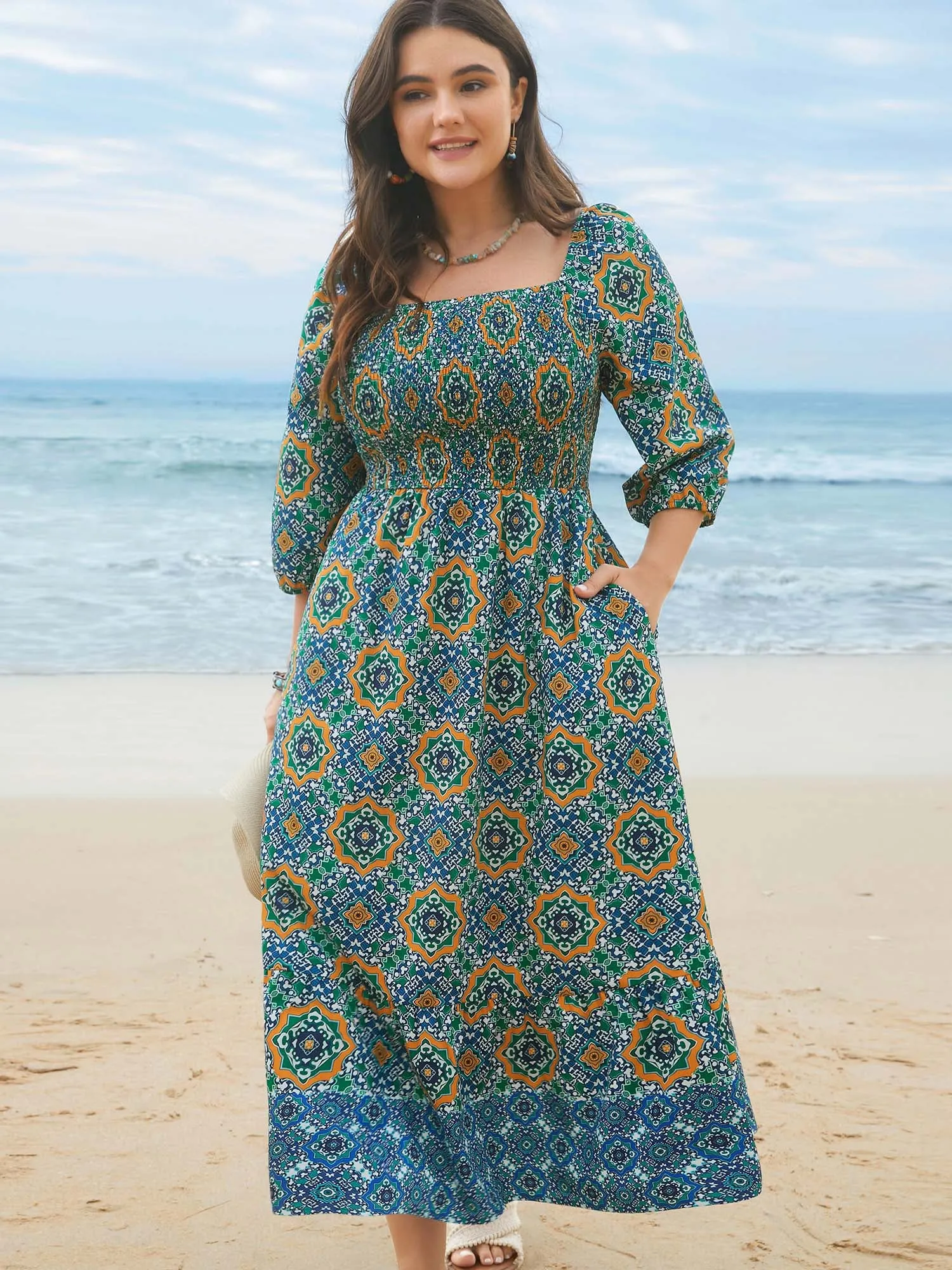Ornate Print Shirred Stretchy Waist Midi Dress sold by Bloomchic
