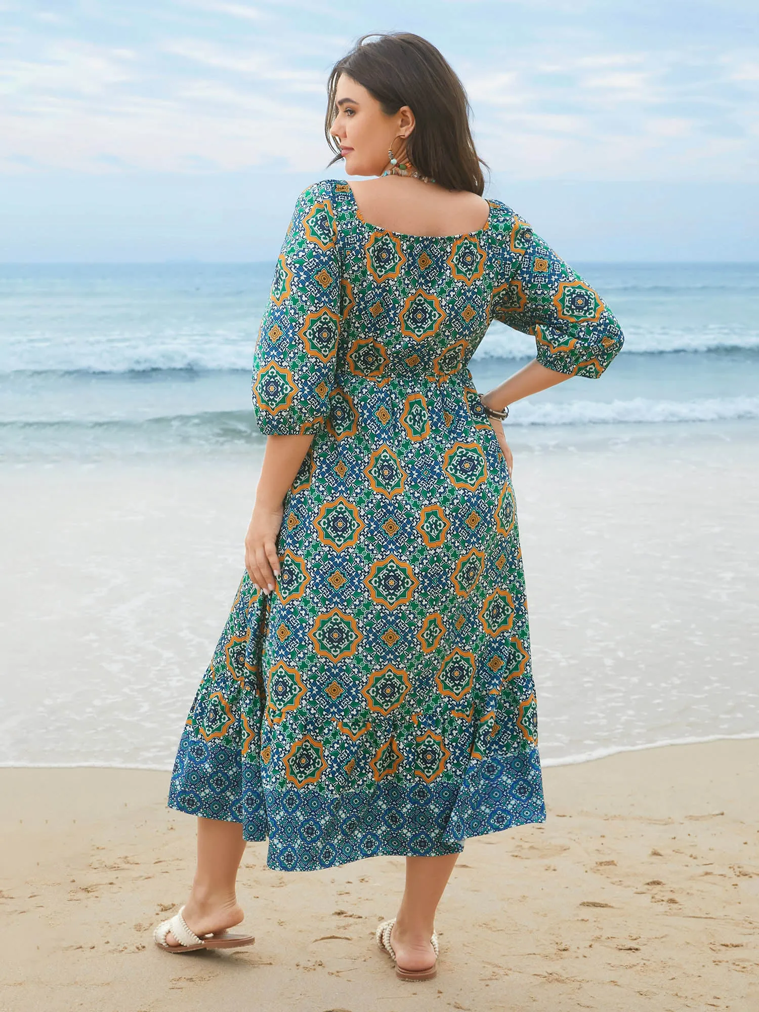 Ornate Print Shirred Stretchy Waist Midi Dress sold by Bloomchic product image thumbnail 5