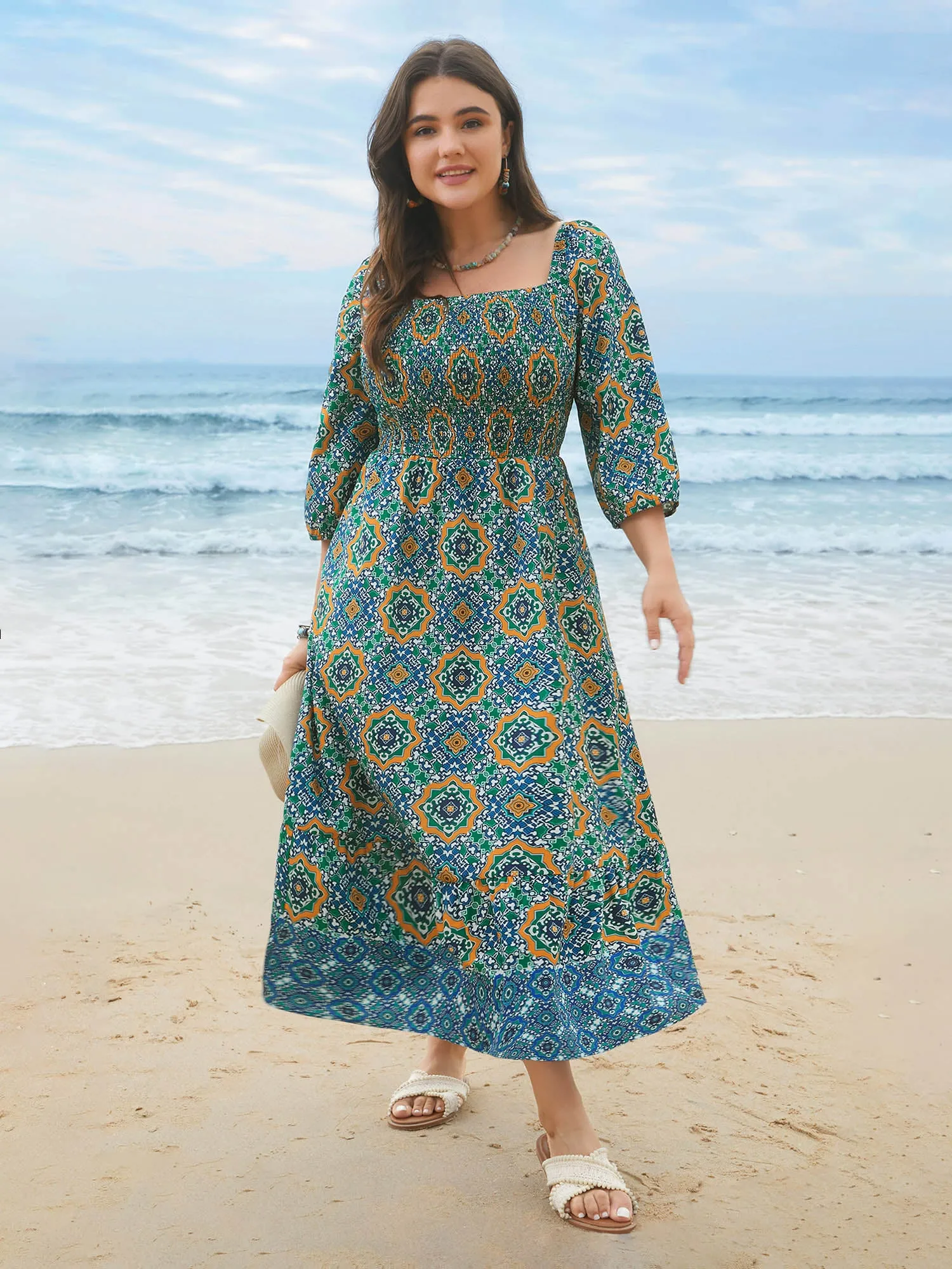 Ornate Print Shirred Stretchy Waist Midi Dress sold by Bloomchic product image thumbnail 4