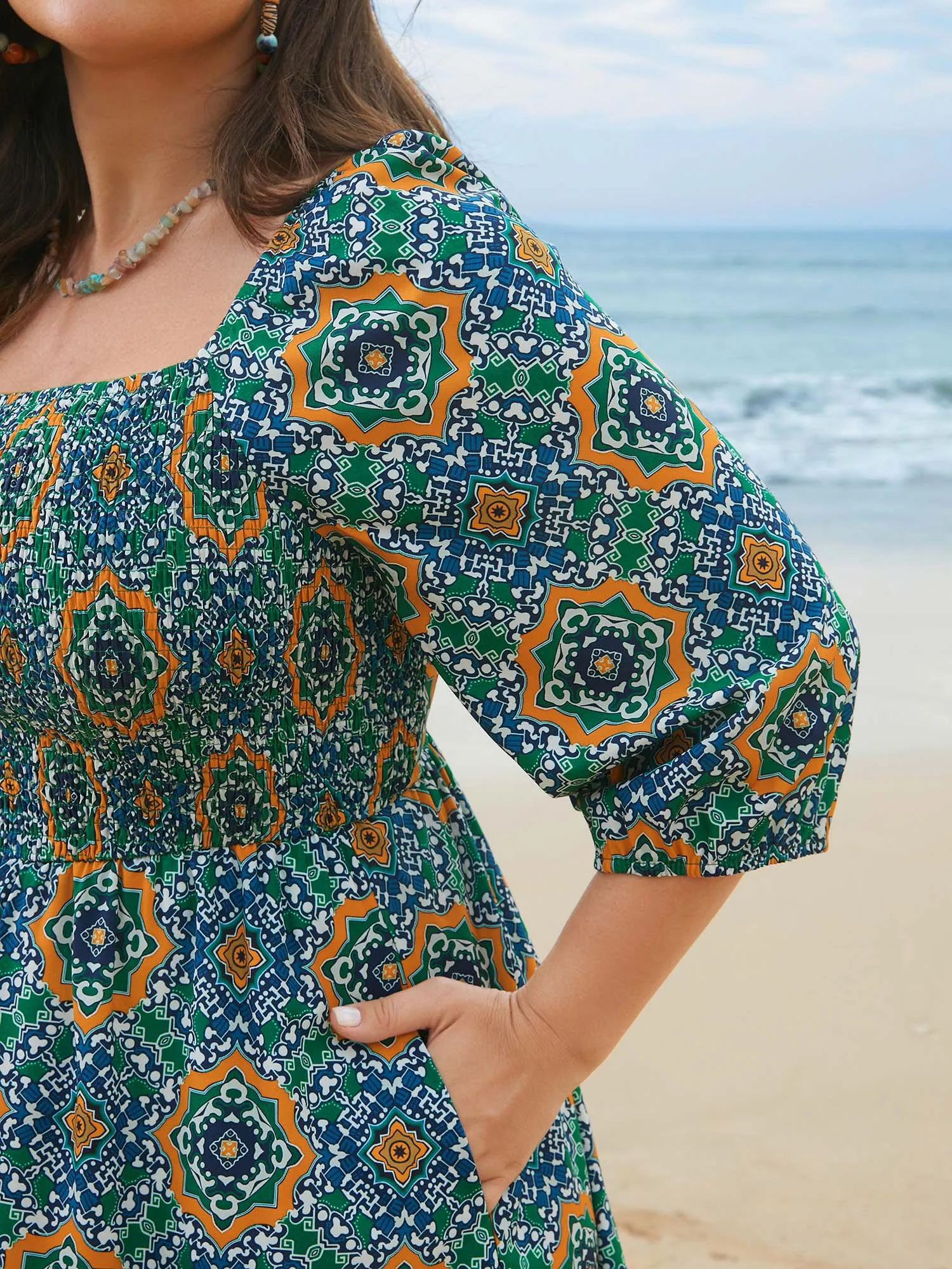 Ornate Print Shirred Stretchy Waist Midi Dress sold by Bloomchic product image thumbnail 2