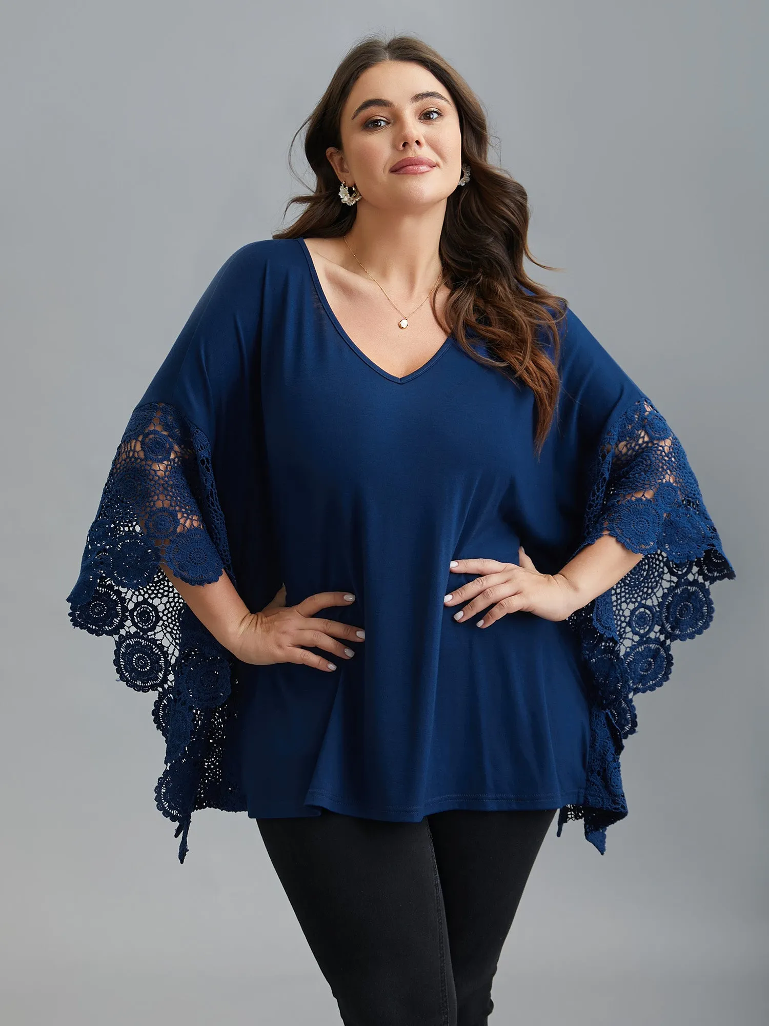 V-Neck Crochet Lace Batwing Sleeve T-Shirt sold by Bloomchic product image thumbnail 3