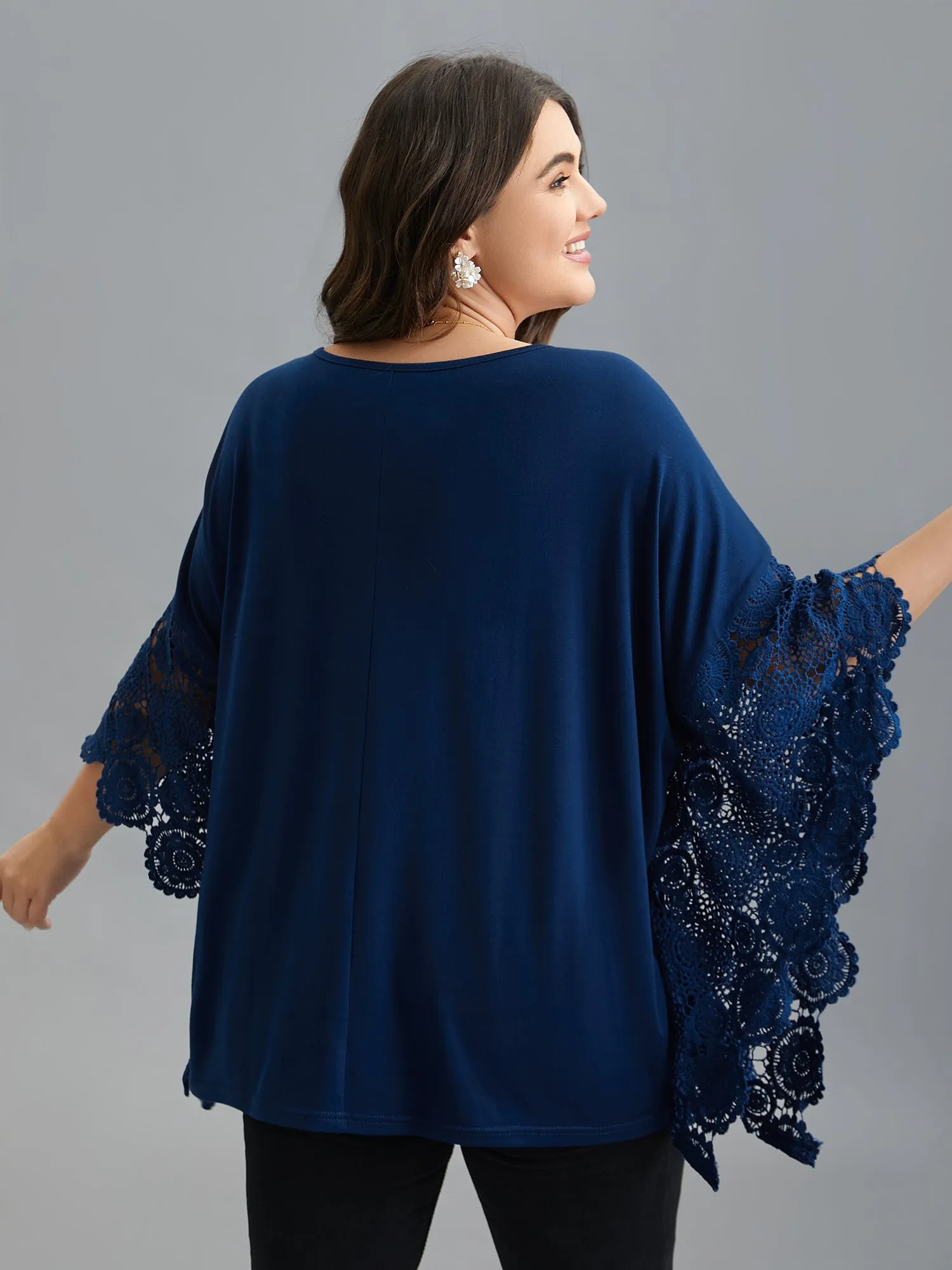 V-Neck Crochet Lace Batwing Sleeve T-Shirt sold by Bloomchic product image thumbnail 4