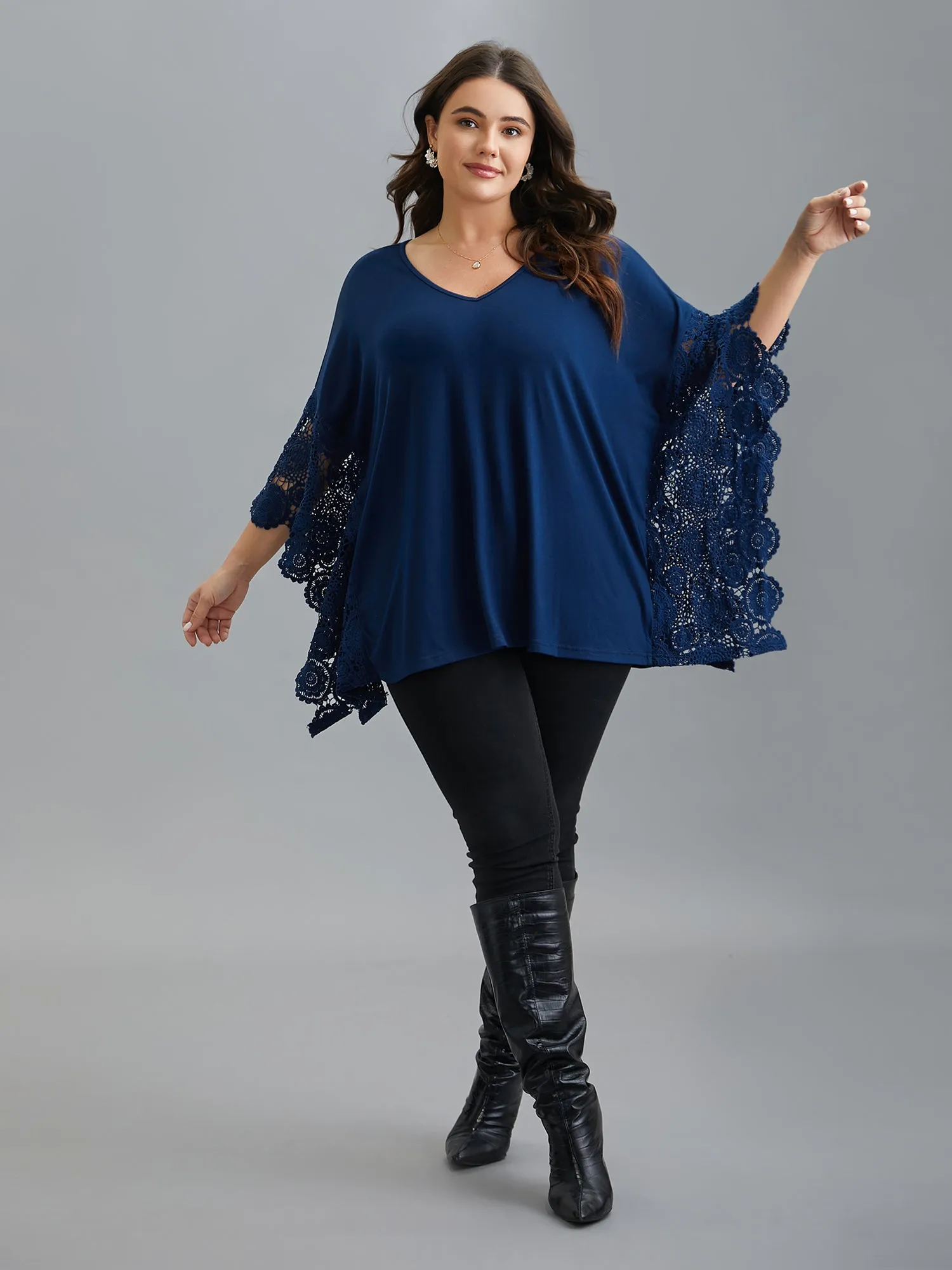 V-Neck Crochet Lace Batwing Sleeve T-Shirt sold by Bloomchic product image thumbnail 2