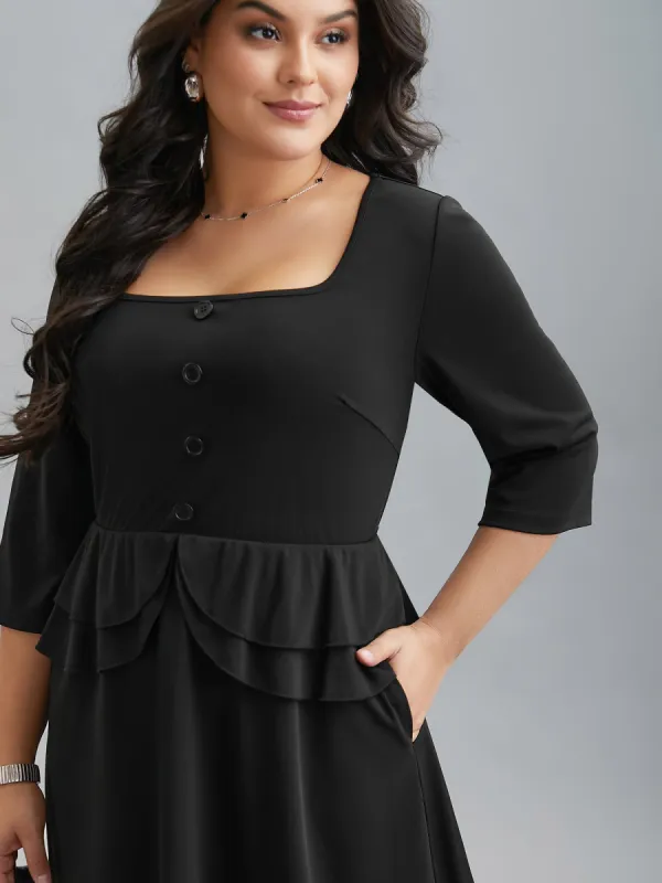 Ruffle Trim Button Front Midi Dress sold by Bloomchic