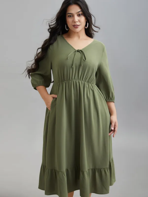 Lantern Sleeve V-Neck Tiered Midi Dress sold by Bloomchic