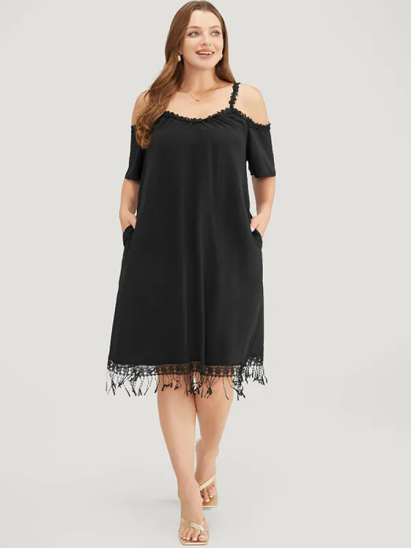 Solid Cold Shoulder Pocket  Lace Fringe Hem Dress sold by Bloomchic