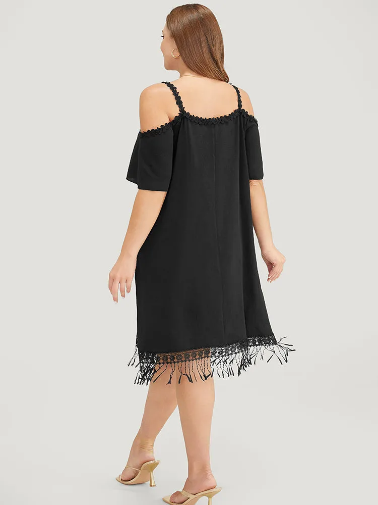 Solid Cold Shoulder Pocket Lace Fringe Hem Dress sold by Bloomchic product image thumbnail 2