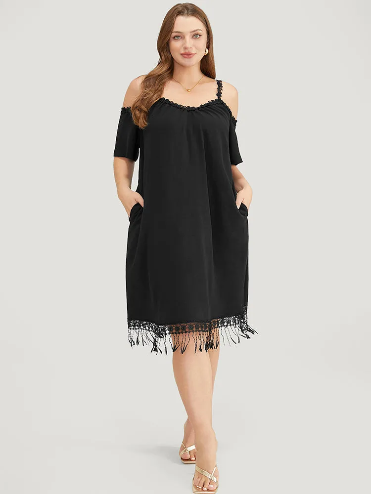Solid Cold Shoulder Pocket Lace Fringe Hem Dress sold by Bloomchic product image thumbnail 3