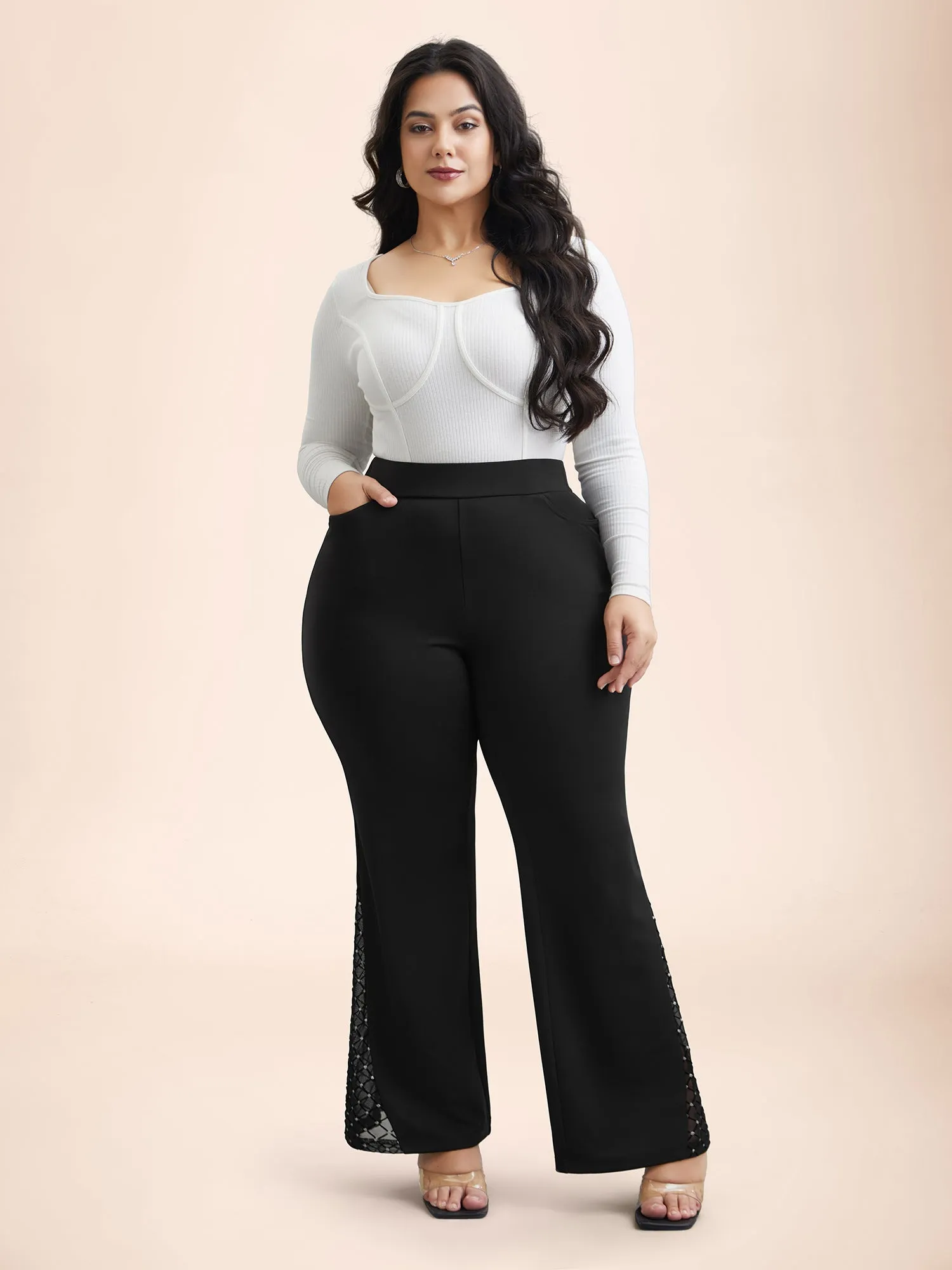 Mesh Spliced Mid Rise Flared Pants sold by Bloomchic product image thumbnail 3
