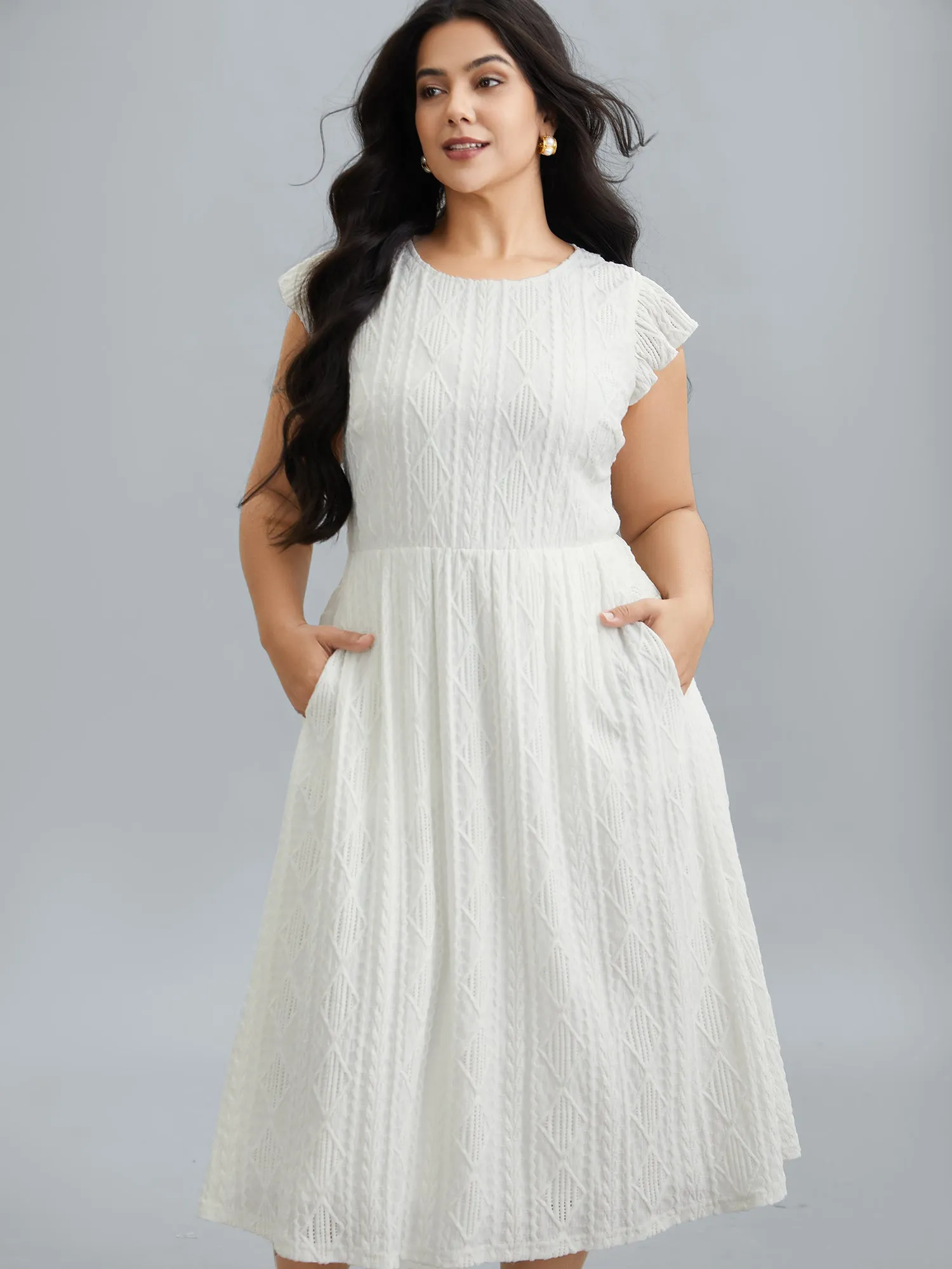 Flutter Sleeve Textured Pockets Midi Dress sold by Bloomchic