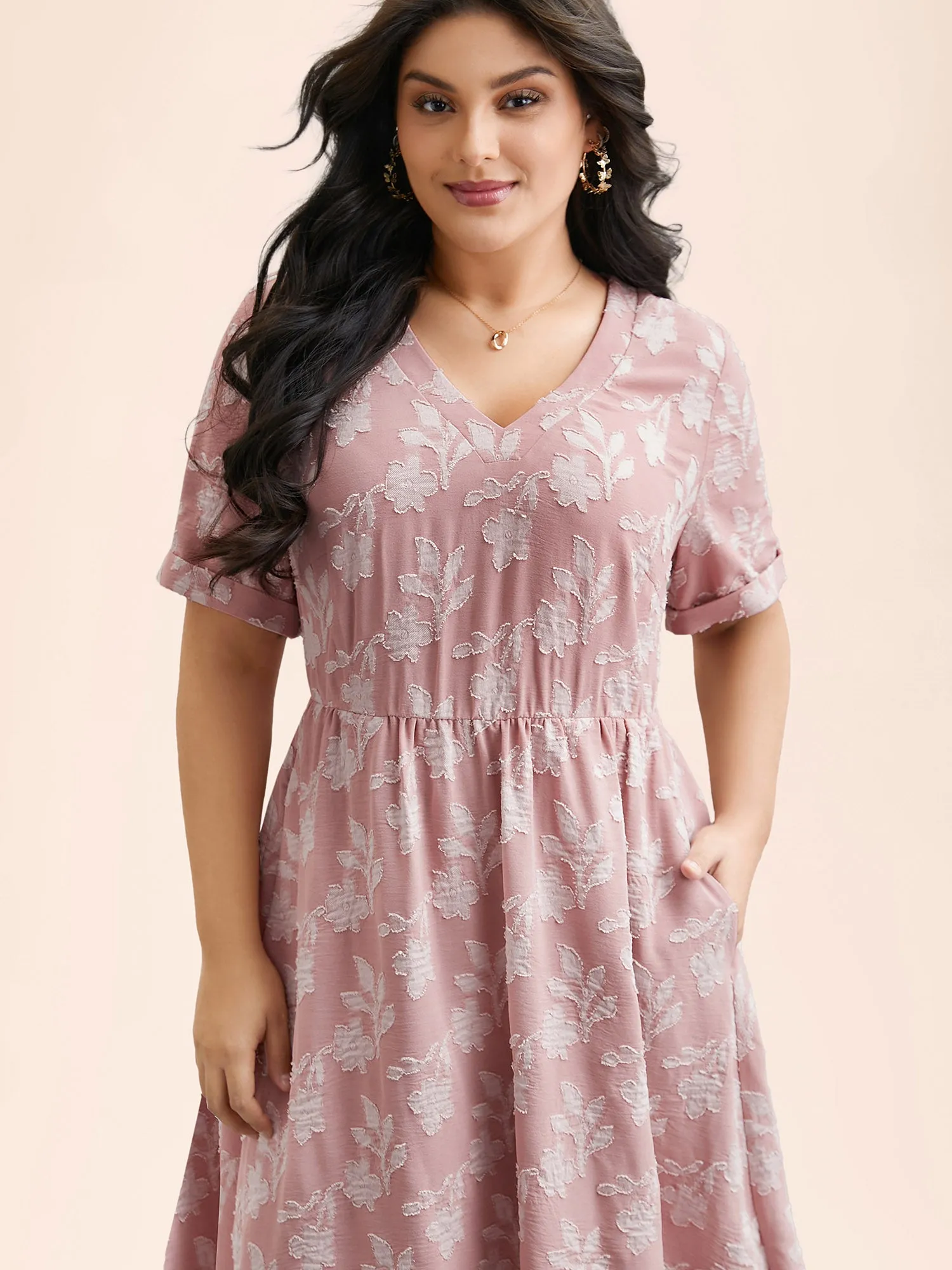 V-Neck Floral Textured Pockets Dress sold by Bloomchic