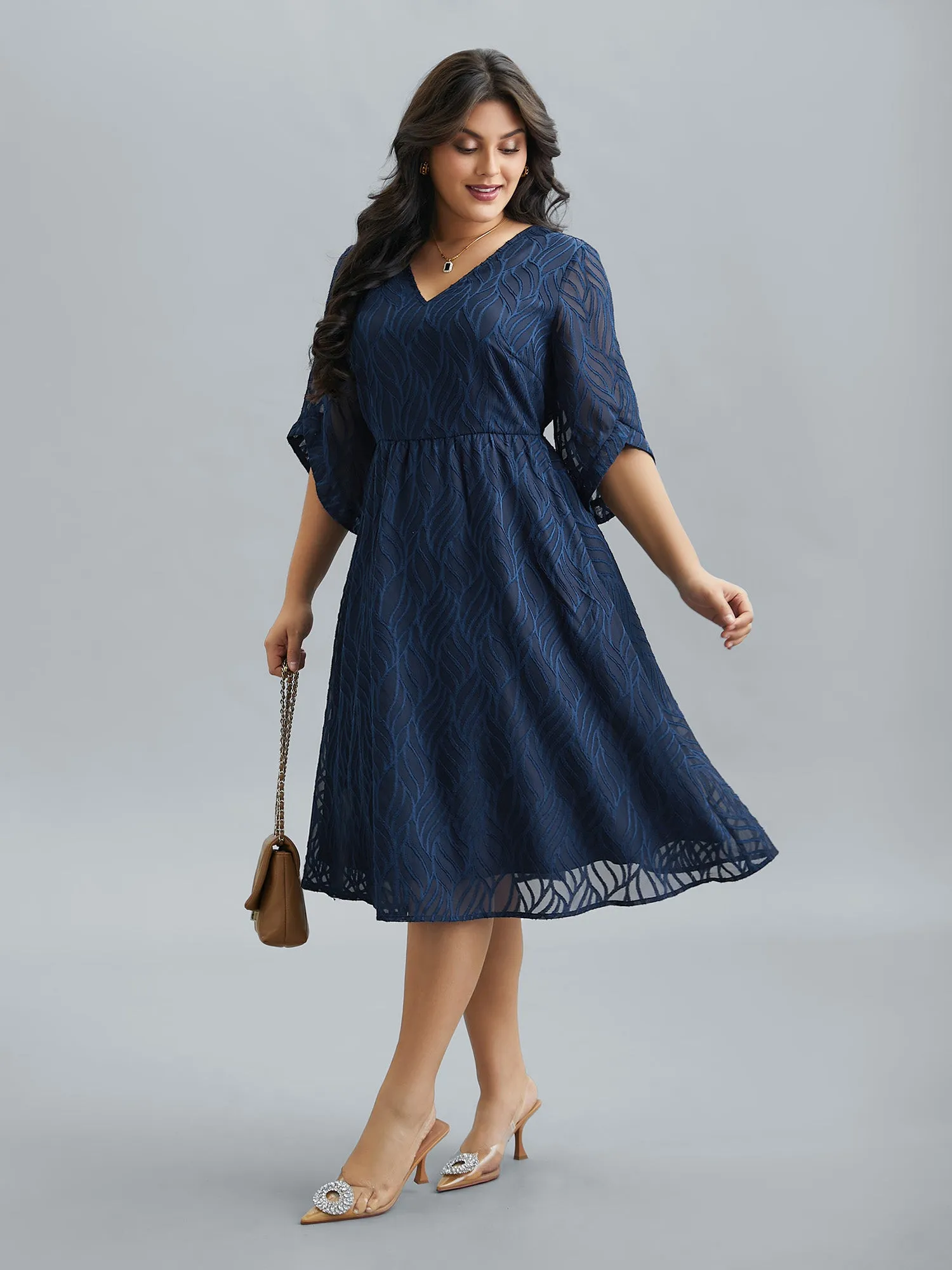 Chiffon Textured Sheer Sleeve Midi Dress sold by Bloomchic product image thumbnail 4