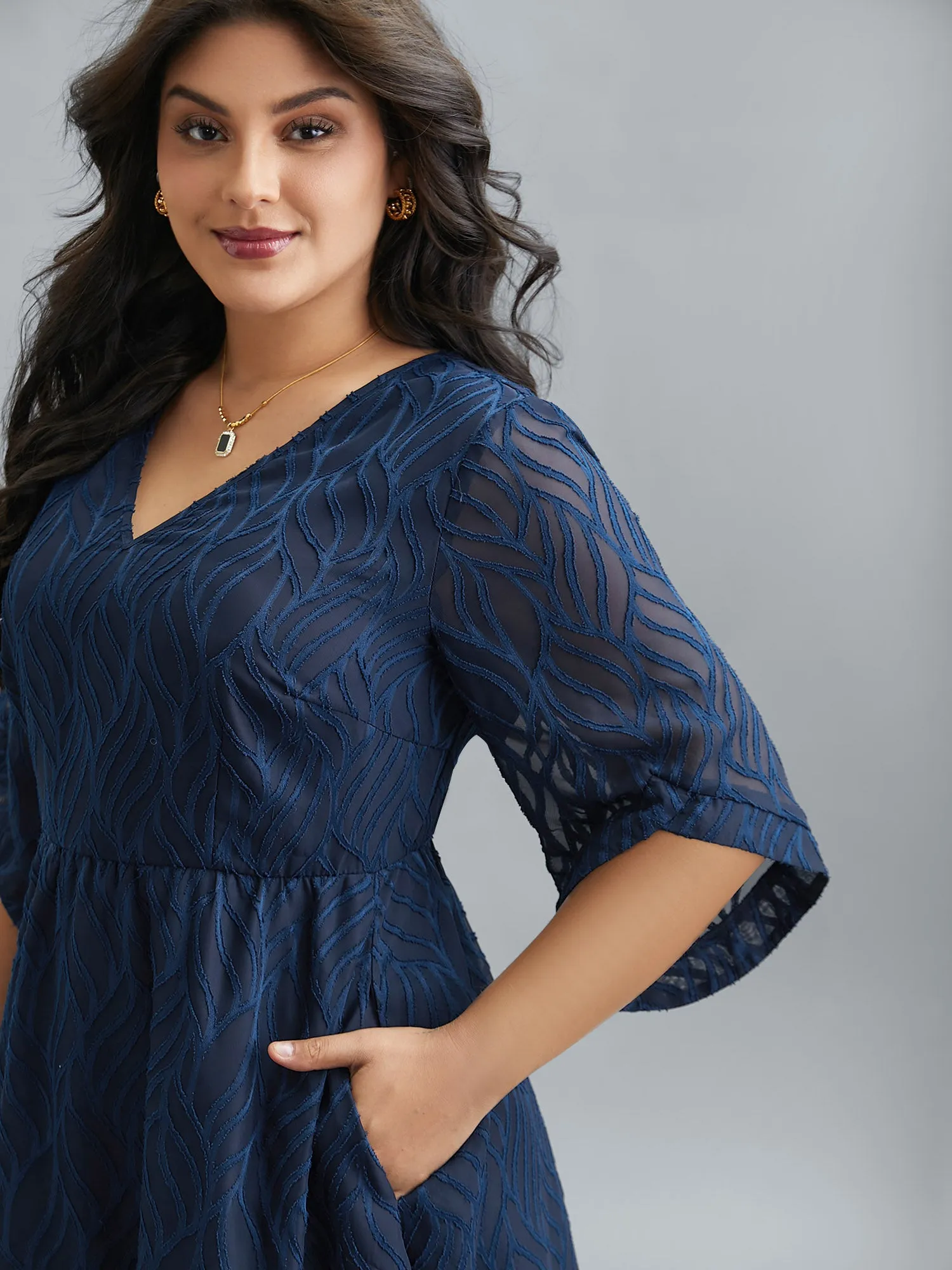 Chiffon Textured Sheer Sleeve Midi Dress sold by Bloomchic product image thumbnail 2