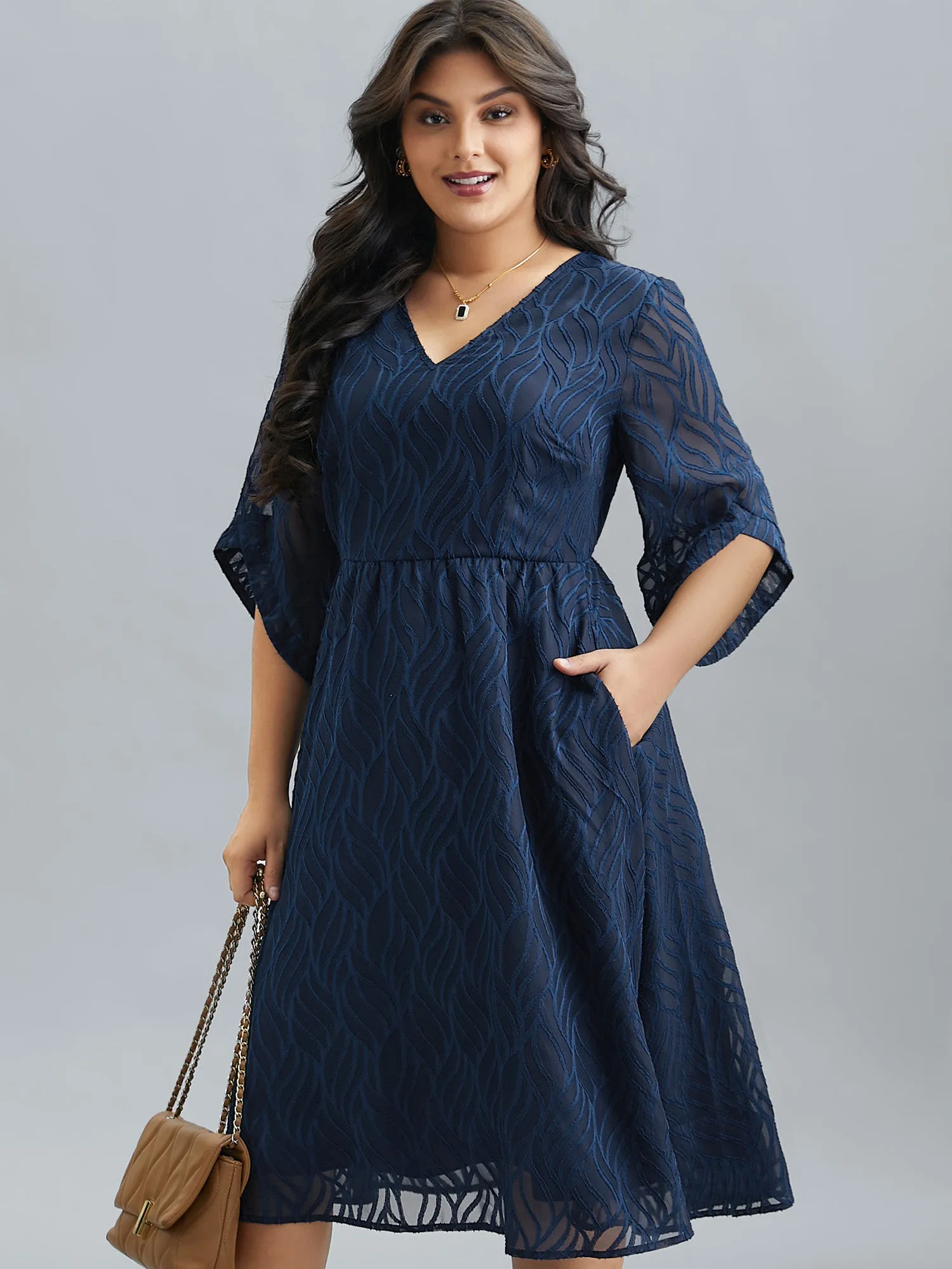 Chiffon Textured Sheer Sleeve Midi Dress sold by Bloomchic