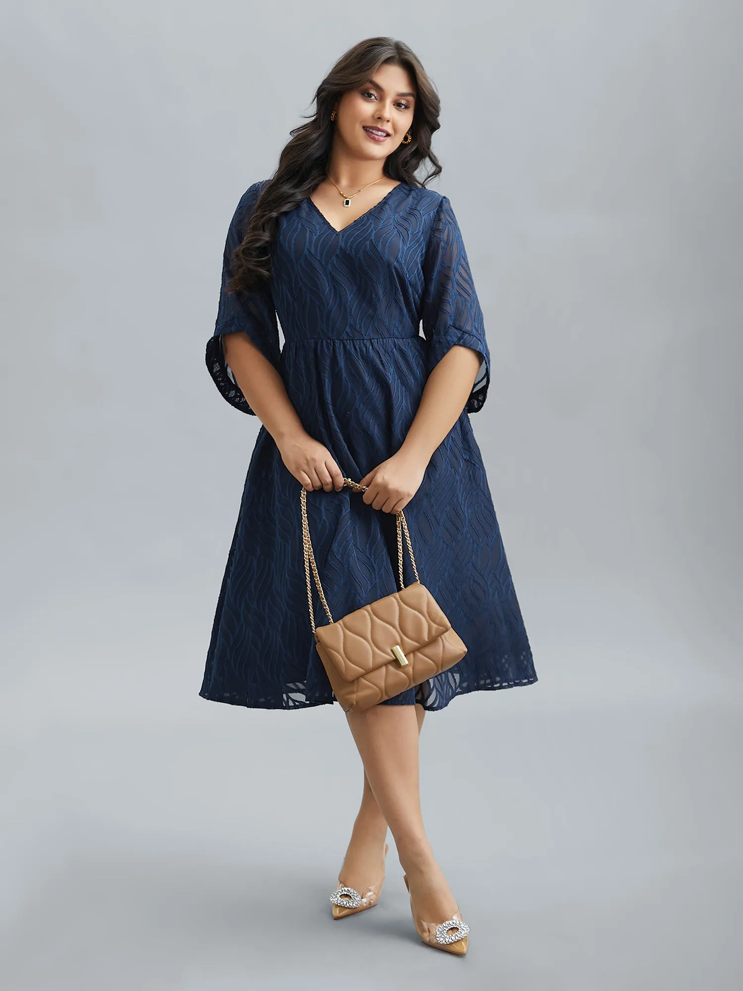 Chiffon Textured Sheer Sleeve Midi Dress sold by Bloomchic product image thumbnail 3