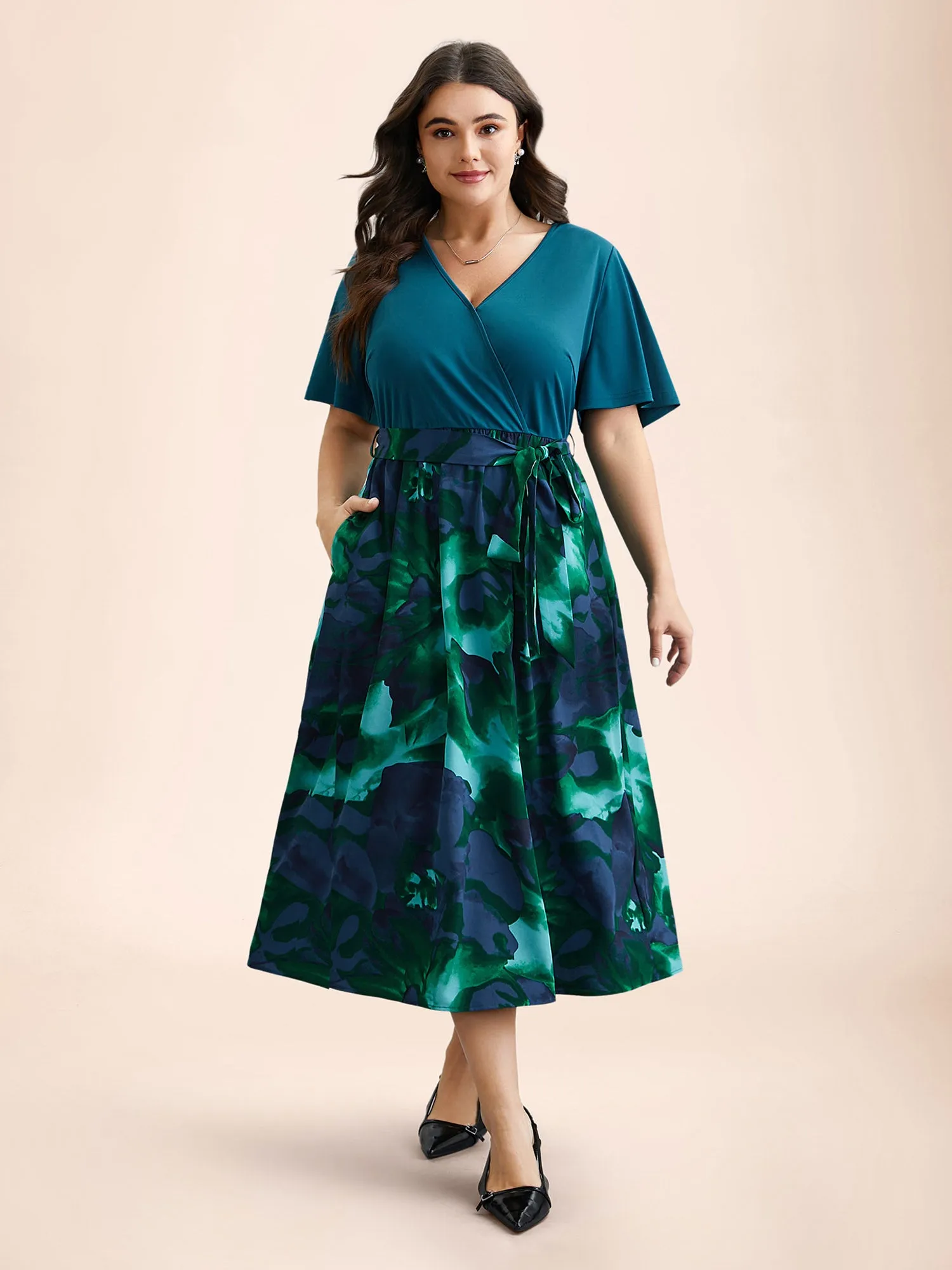 Tropical Print Wrap Neck Waist-Tie Dress sold by Bloomchic product image thumbnail 4