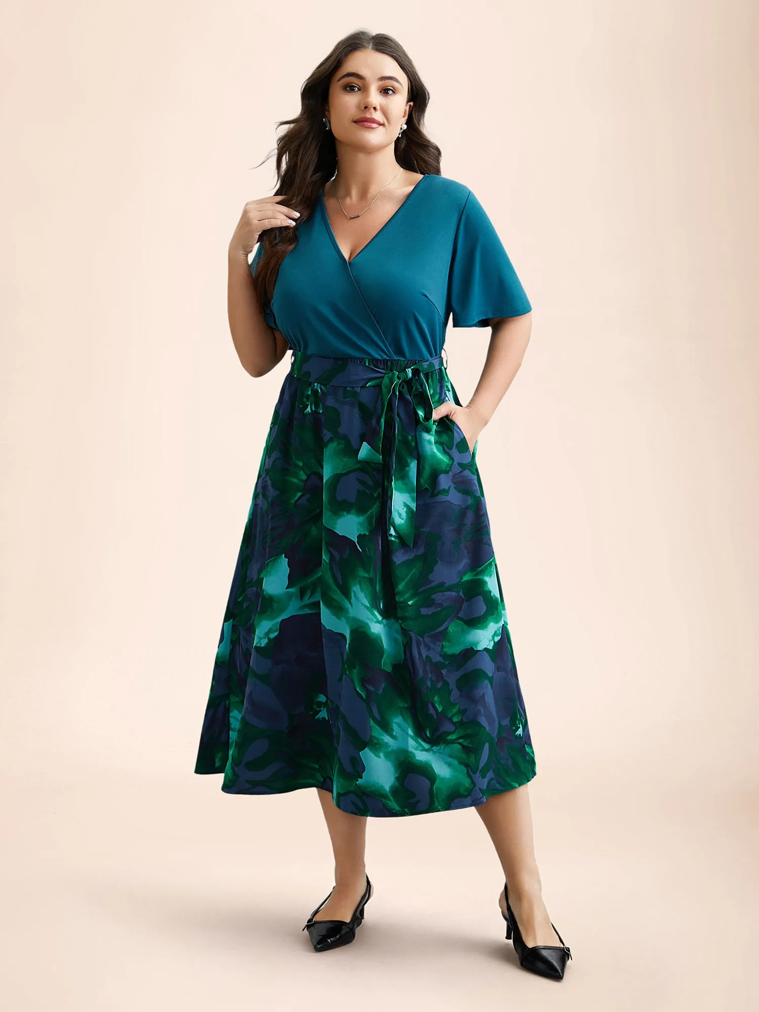 Tropical Print Wrap Neck Waist-Tie Dress sold by Bloomchic product image thumbnail 3