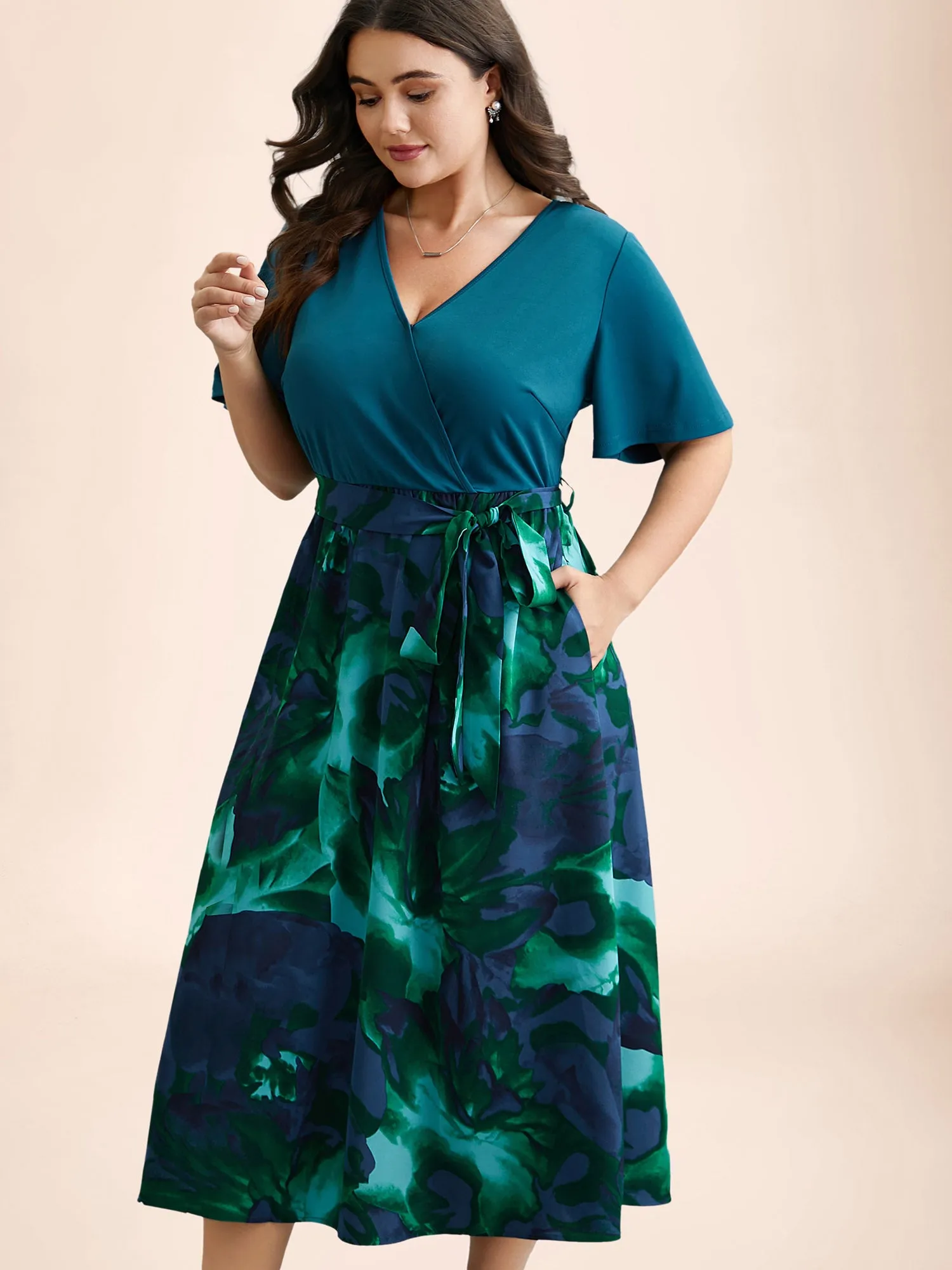 Tropical Print Wrap Neck Waist-Tie Dress sold by Bloomchic