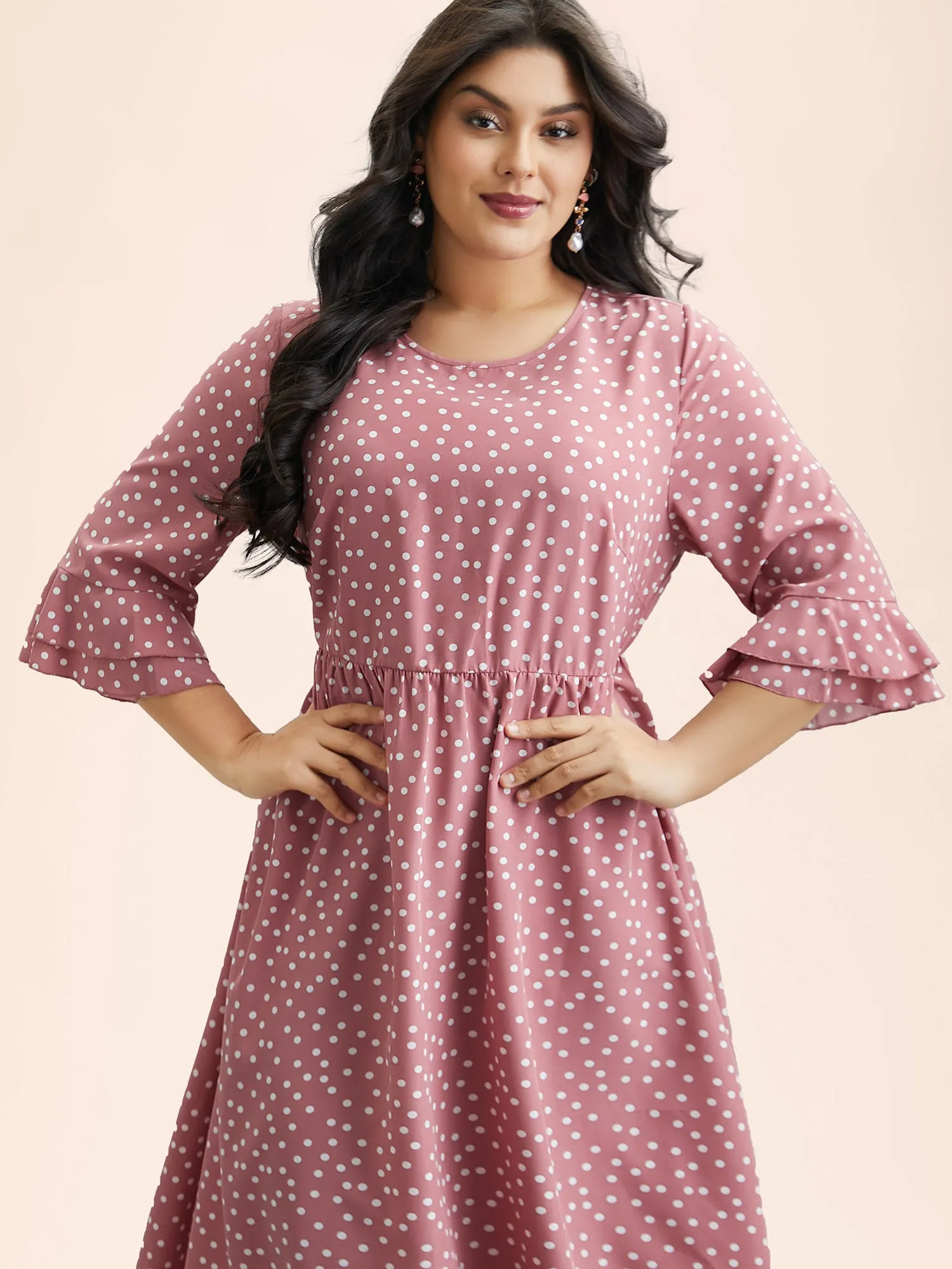 Polka Dot Print Tiered Ruffles Sleeve Midi Dress sold by Bloomchic product image thumbnail 2
