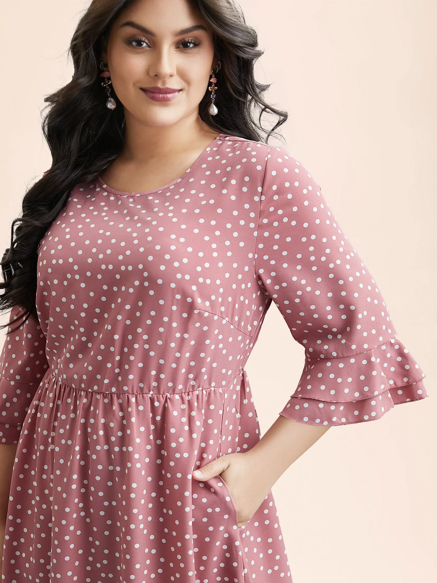 Polka Dot Print Tiered Ruffles Sleeve Midi Dress sold by Bloomchic