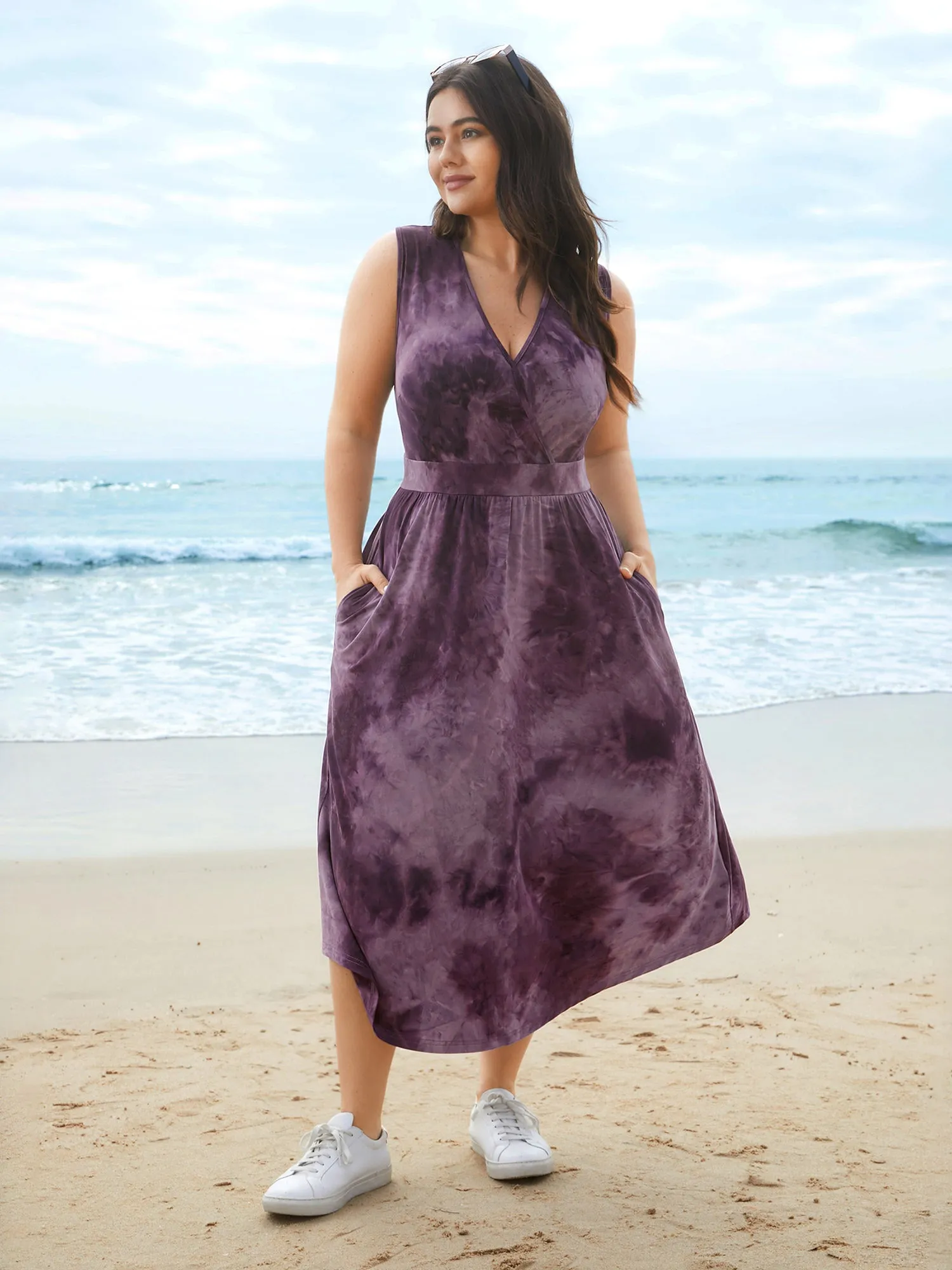Tie-Dye Surplice Neck Curved Hem Midi Dress sold by Bloomchic product image thumbnail 4