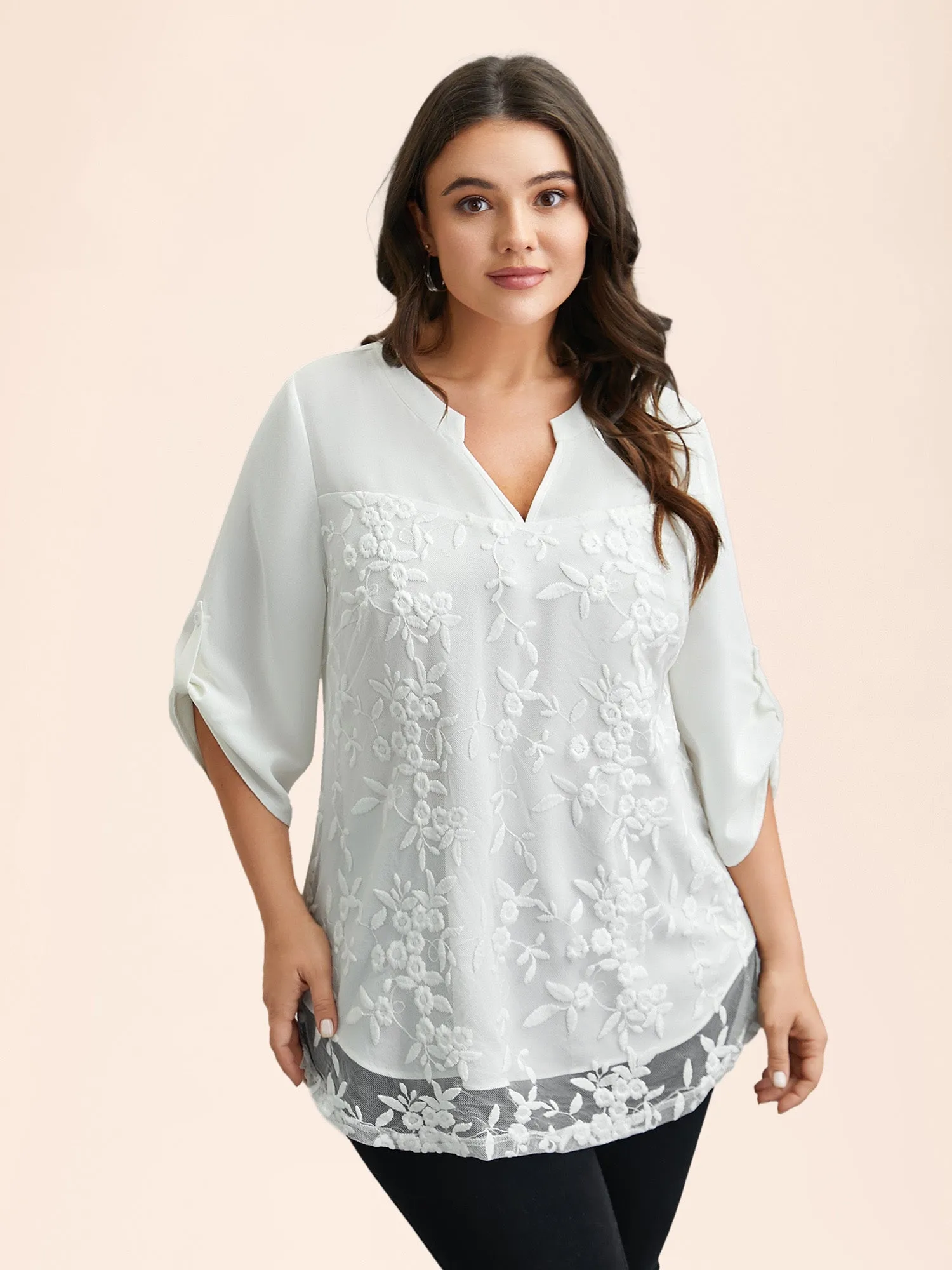 Lace Patchwork Gathered Tab Sleeve Shirt sold by Bloomchic