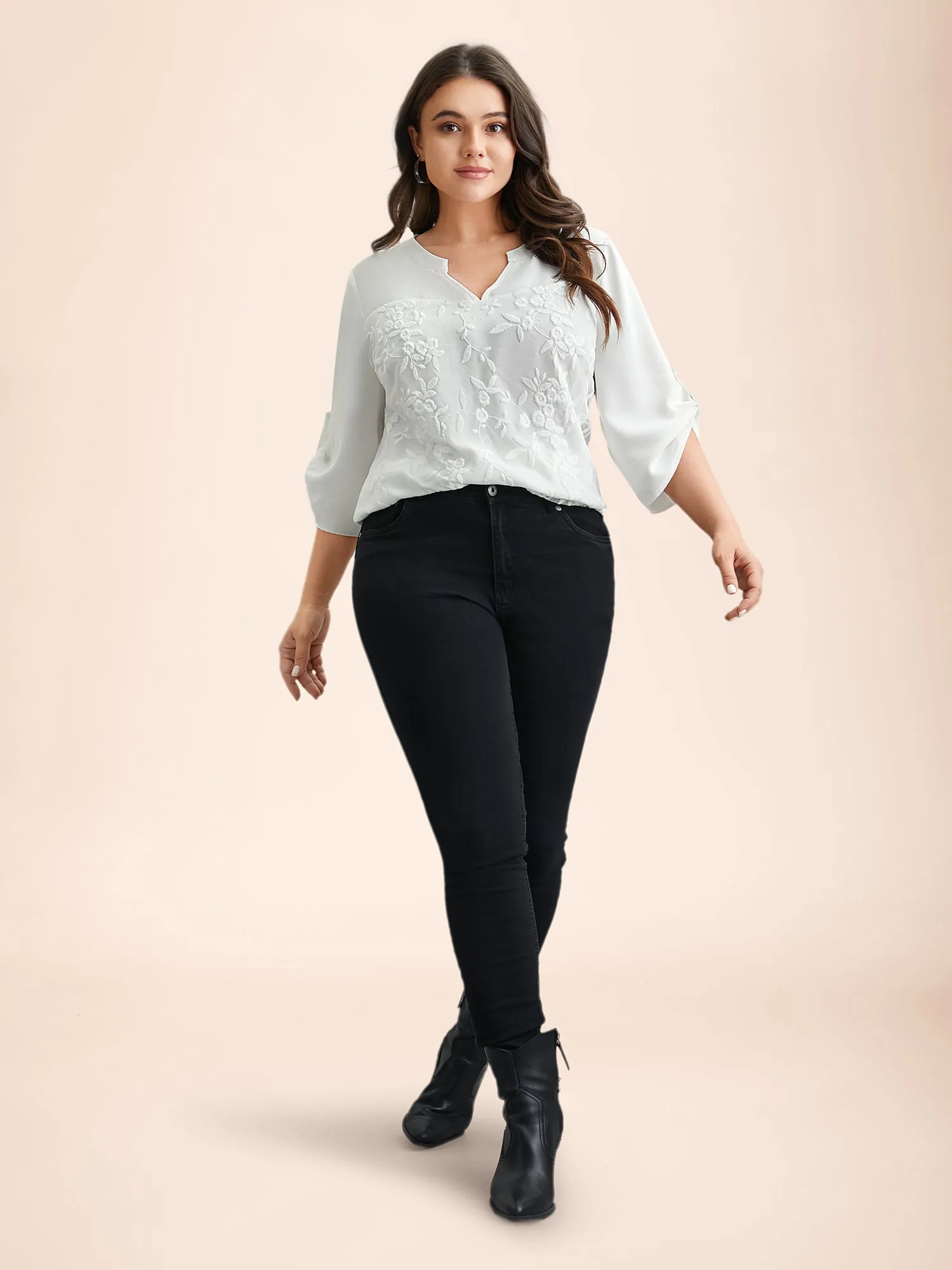 Lace Patchwork Gathered Tab Sleeve Shirt sold by Bloomchic product image thumbnail 3