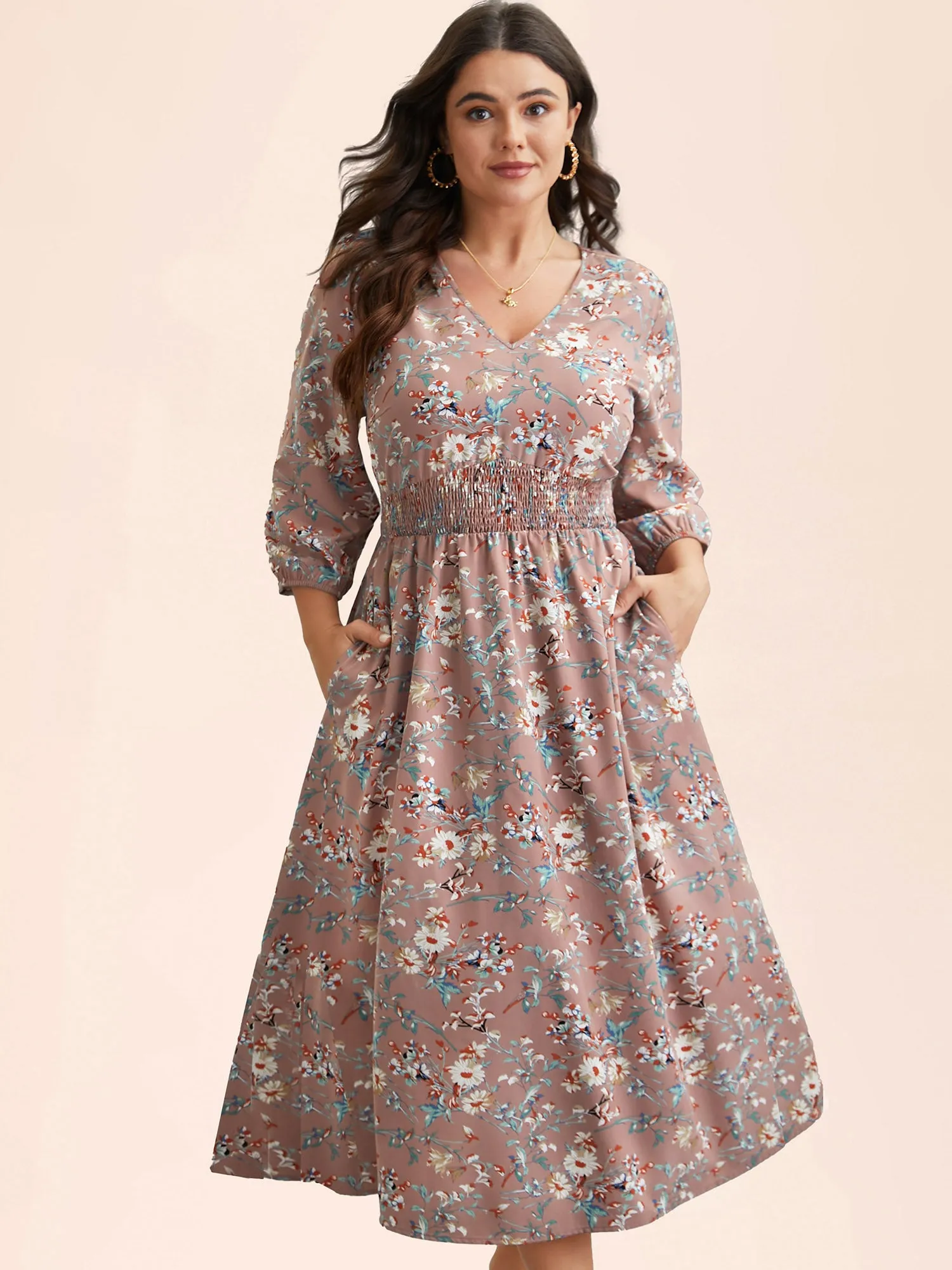 V-Neck Floral Print Shirred Pockets Midi Dress sold by Bloomchic product image thumbnail 3