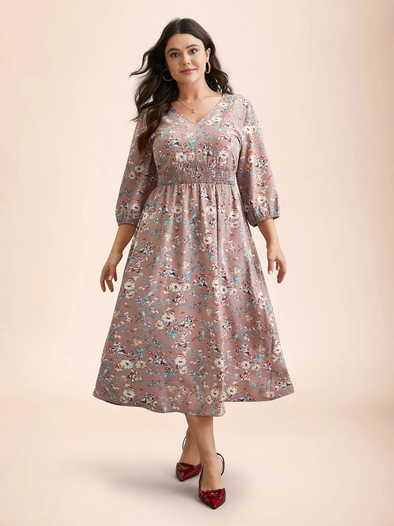 V-Neck Floral Print Shirred Pockets Midi Dress sold by Bloomchic product image thumbnail 4