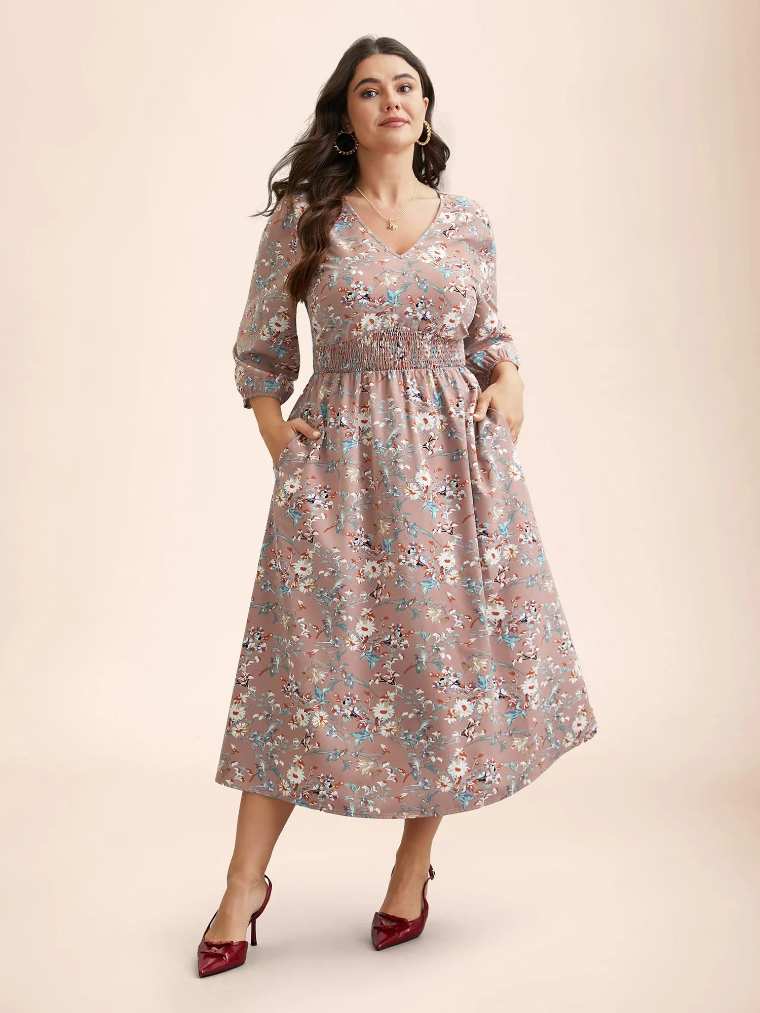 V-Neck Floral Print Shirred Pockets Midi Dress sold by Bloomchic product image thumbnail 2