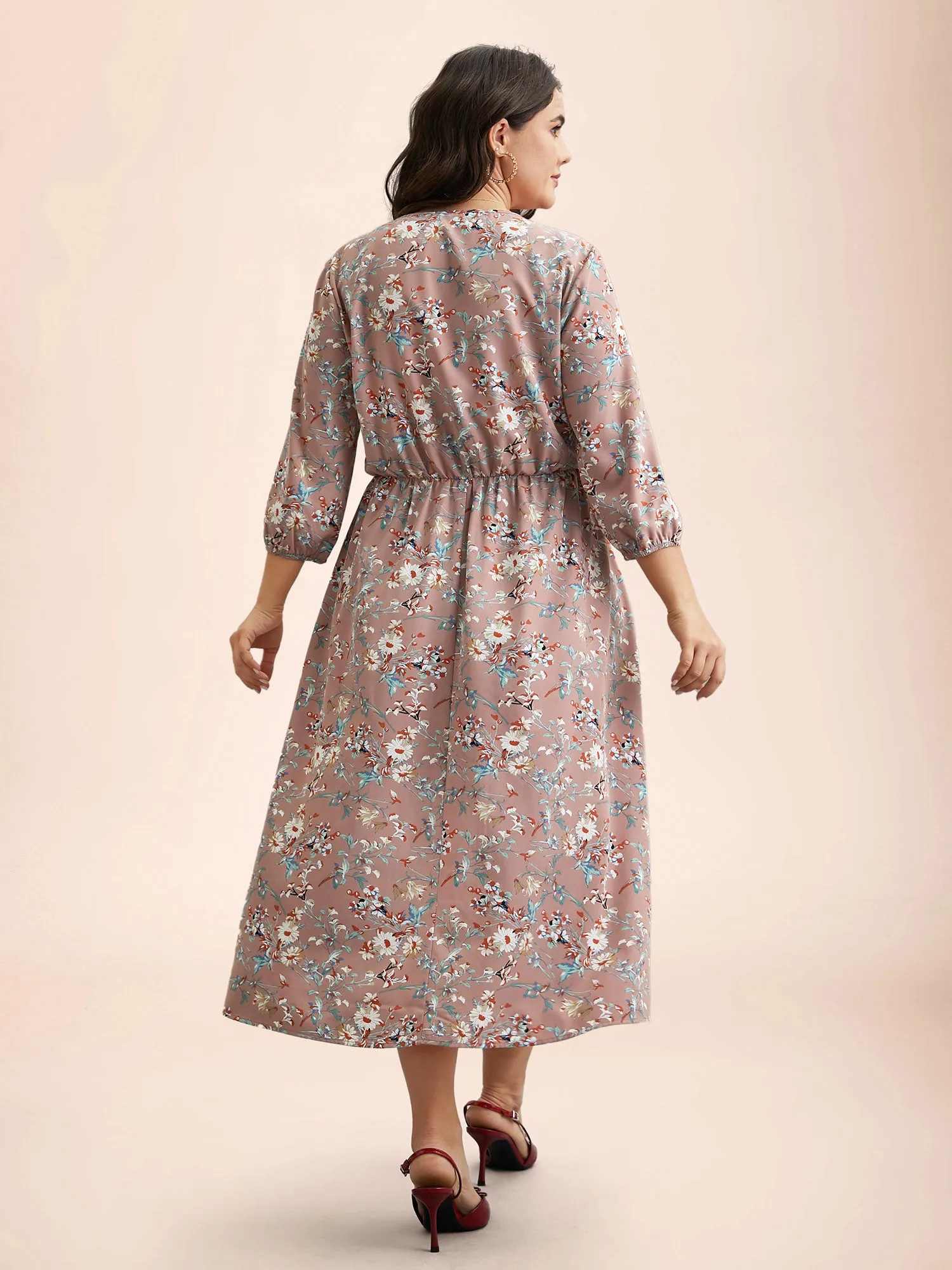 V-Neck Floral Print Shirred Pockets Midi Dress sold by Bloomchic product image thumbnail 5