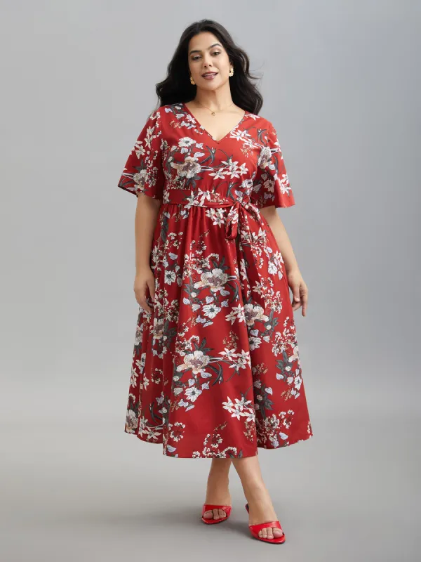 Floral Print Waist-Tie V-Neck Midi Dress sold by Bloomchic