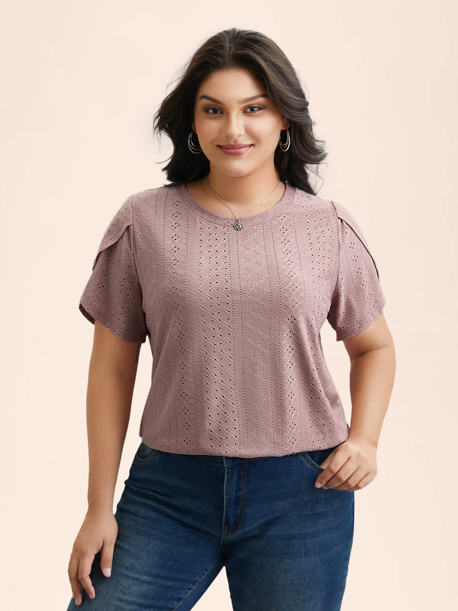 Textured Jacquard Petal Sleeve T-Shirt sold by Bloomchic