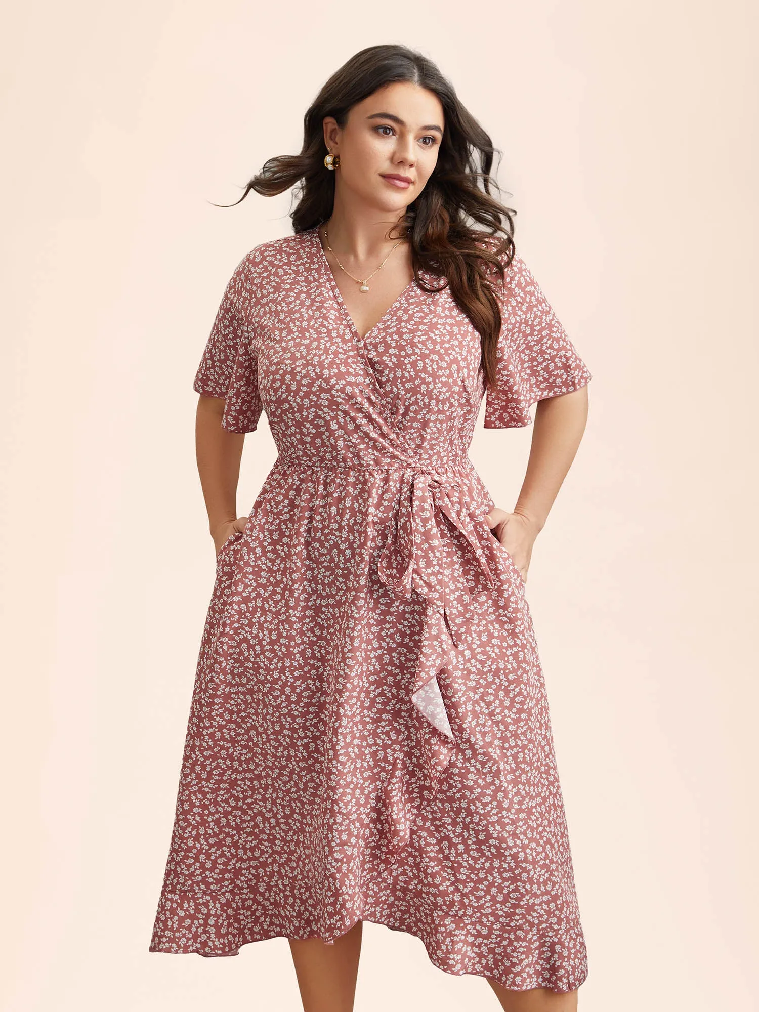 Ditsy Floral Print Stretchy-Waist Ruffle Midi Dress sold by Bloomchic product image thumbnail 3