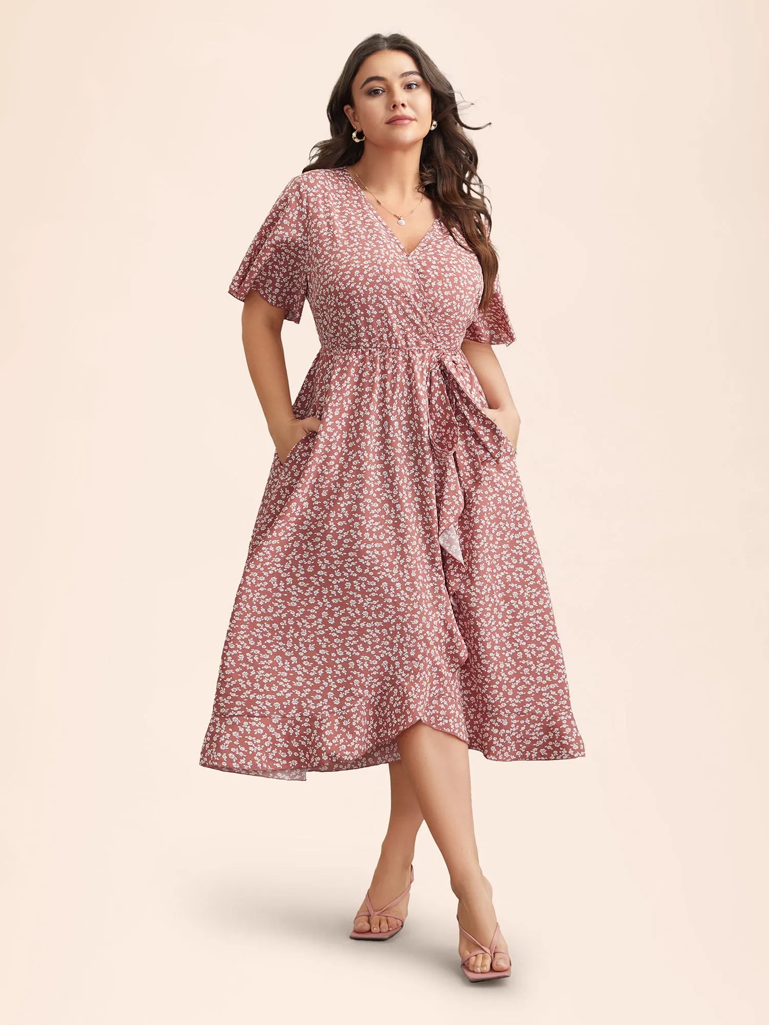 Ditsy Floral Print Stretchy-Waist Ruffle Midi Dress sold by Bloomchic
