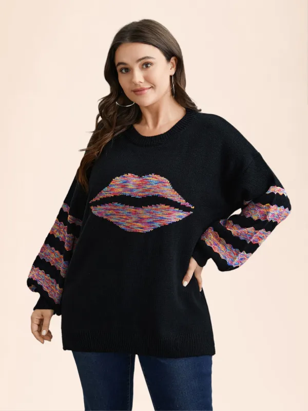 Lips Motif Jacquard Color Contrast Pullover sold by Bloomchic