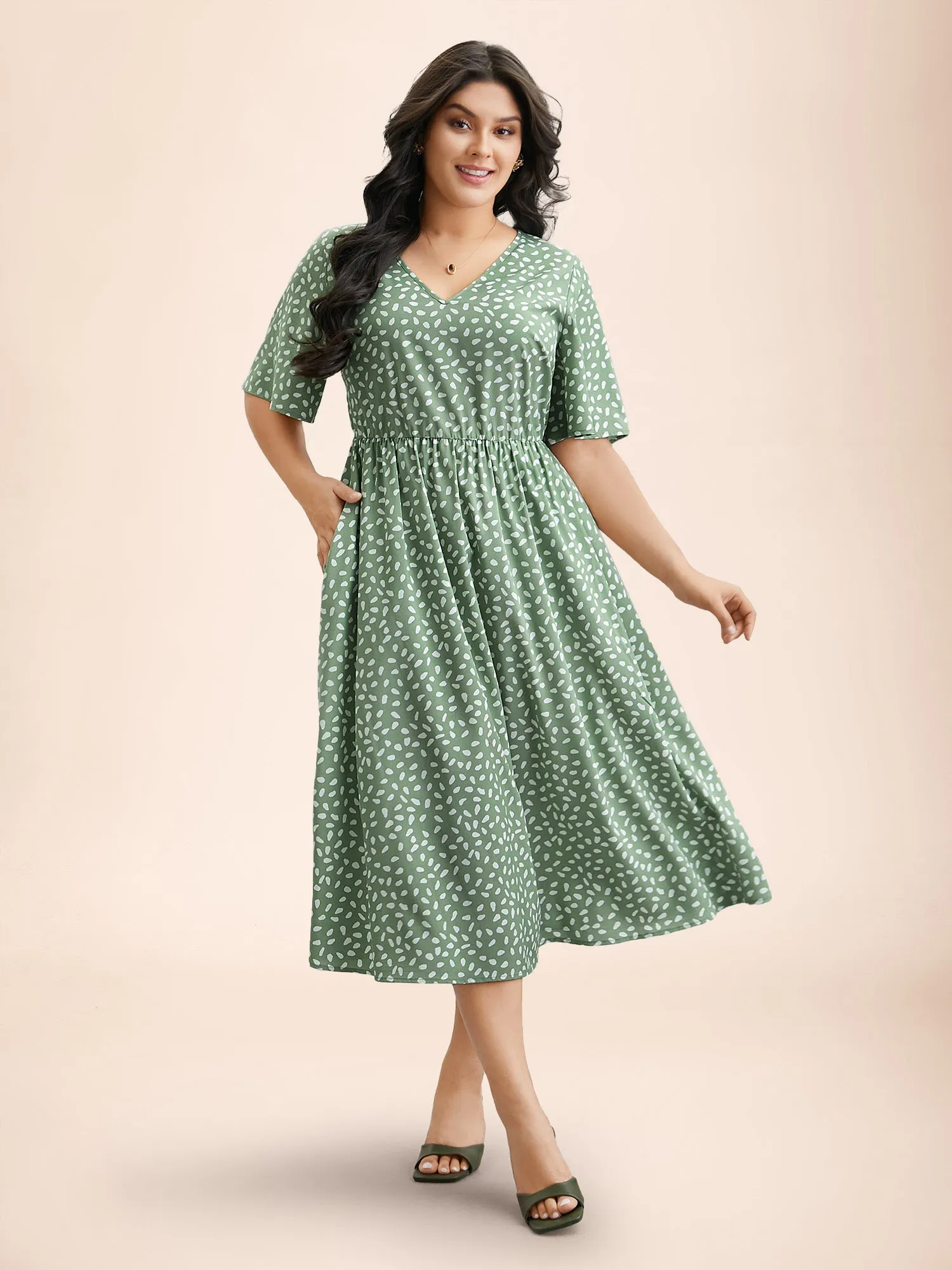 Polka Dot Print V-Neck Half Sleeve Midi Dress sold by Bloomchic