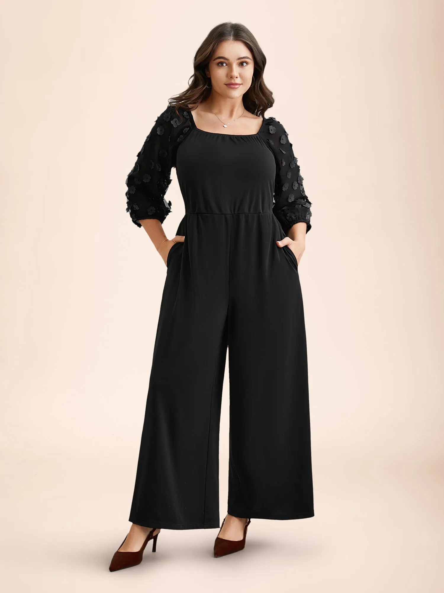 Floral Mesh Sleeve Pockets Straight-Leg Jumpsuit sold by Bloomchic product image thumbnail 3