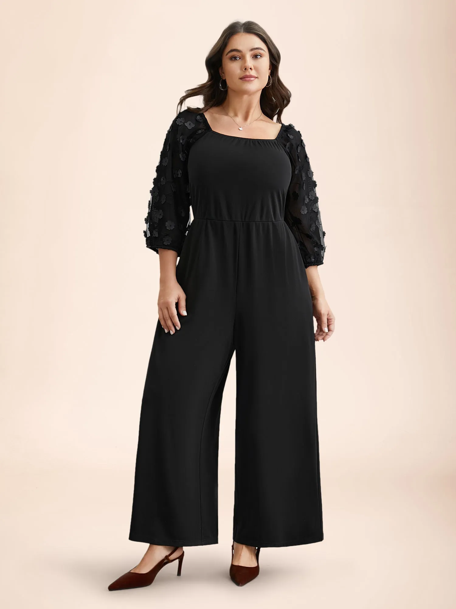 Floral Mesh Sleeve Pockets Straight-Leg Jumpsuit sold by Bloomchic