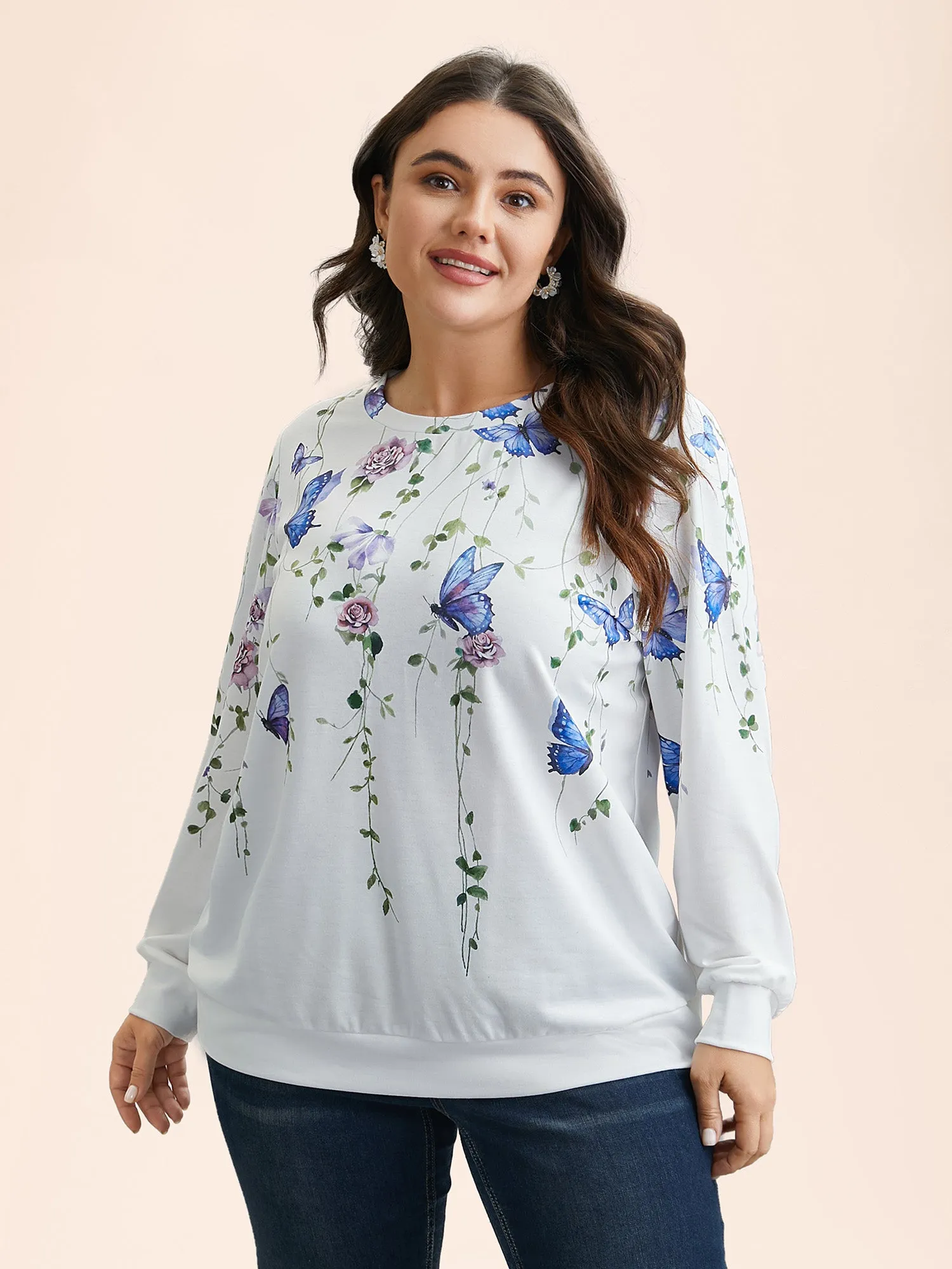 Butterfly Print Stretchy Round Neck Sweatshirt sold by Bloomchic product image thumbnail 3