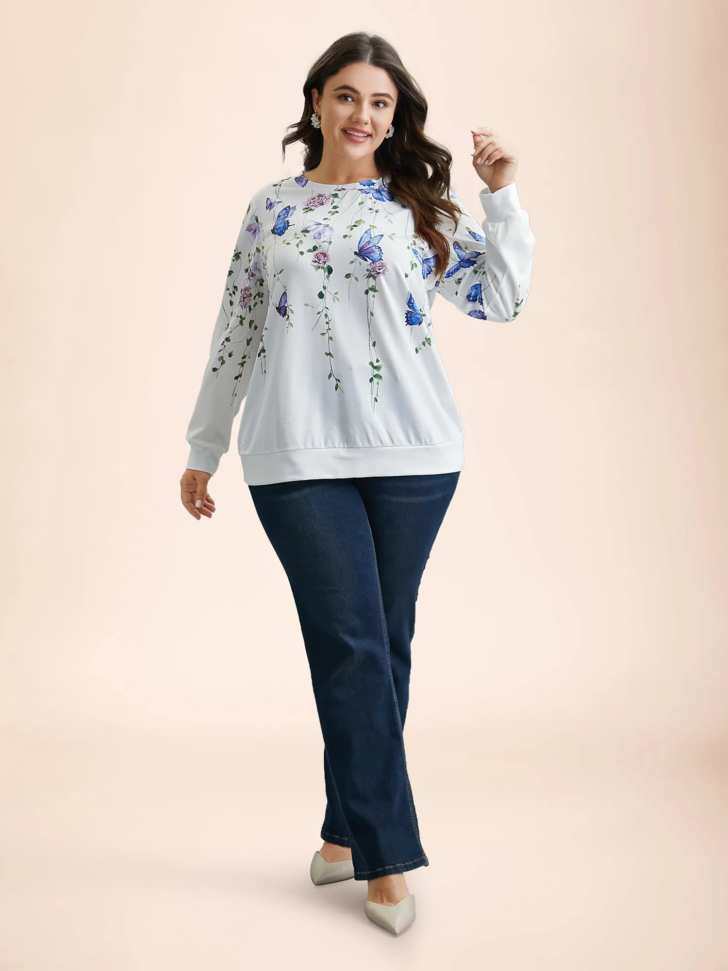 Butterfly Print Stretchy Round Neck Sweatshirt sold by Bloomchic product image thumbnail 5