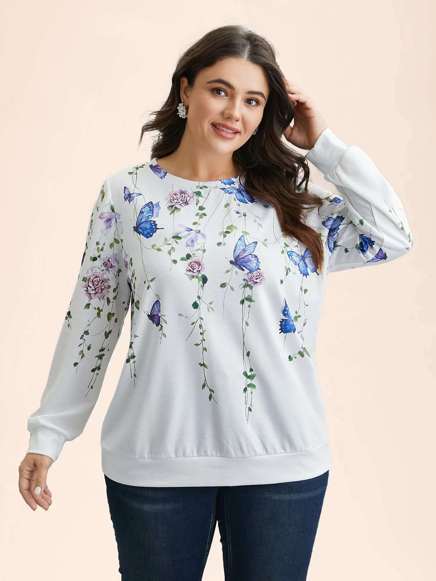 Butterfly Print Stretchy Round Neck Sweatshirt sold by Bloomchic product image thumbnail 2