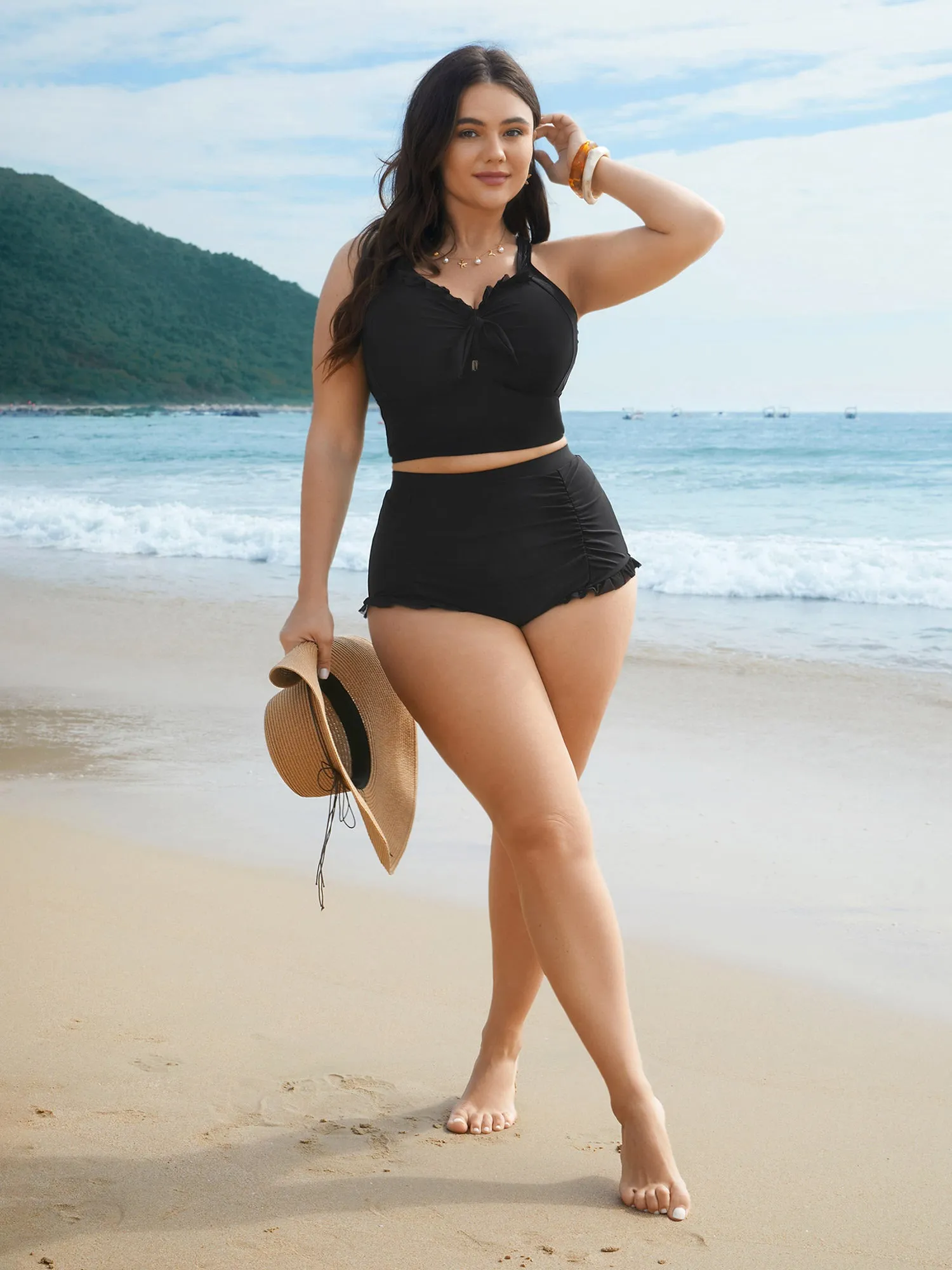 Ruched Mesh Seamed Ruffle Trim Swim Bottoms sold by Bloomchic product image thumbnail 5