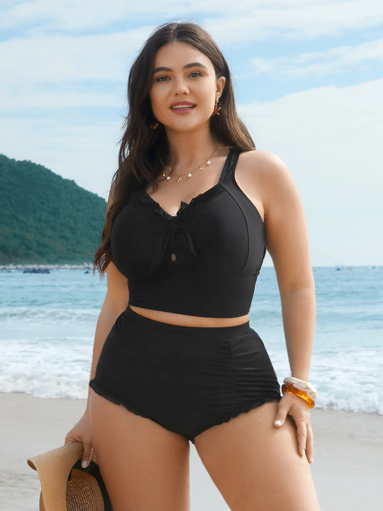 Ruched Mesh Seamed Ruffle Trim Swim Bottoms sold by Bloomchic product image thumbnail 4
