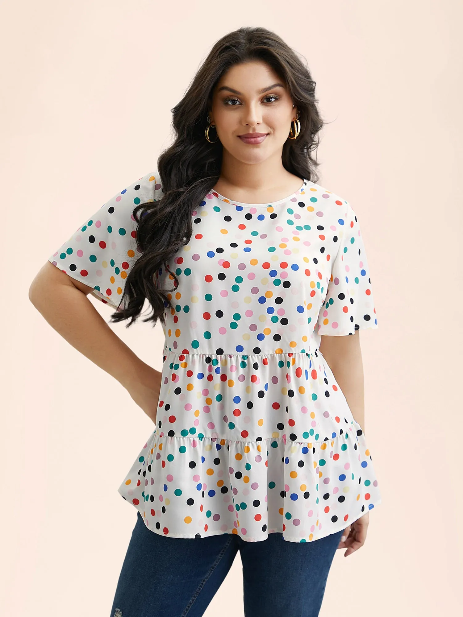Multi-Color Dots Print Tiered Blouse sold by Bloomchic
